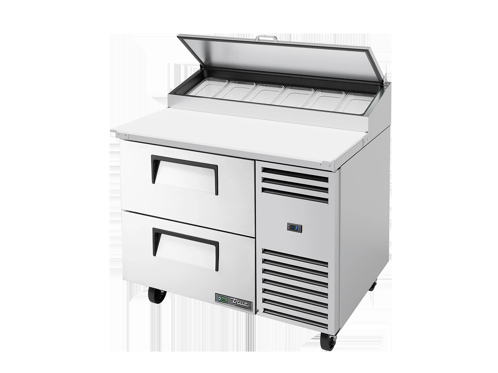 True TPP-AT-44D-2-HC Pizza Prep Table, 6x 1/3 Top Pans, 2 Drawers