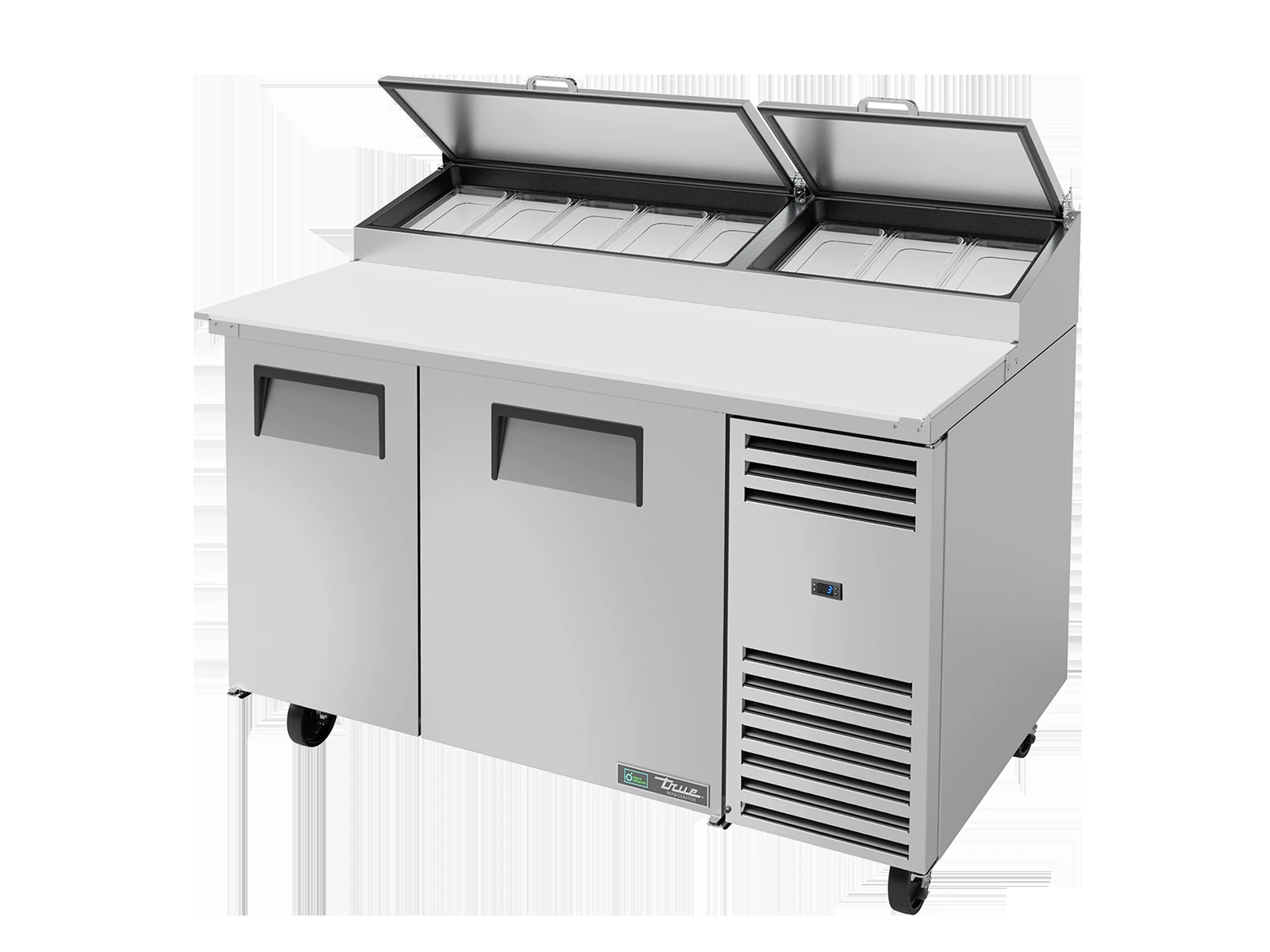 True TPP-AT-60-HC Pizza Prep Table, 8x 1/3 Top Pans, 2 Solid Swing Doors