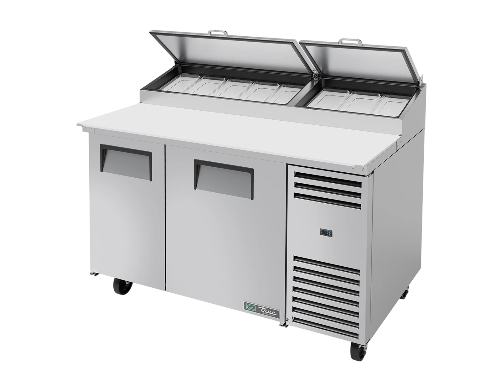 True TPP-AT-60-HC Pizza Prep Table, 8x 1/3 Top Pans, 2 Solid Swing Doors