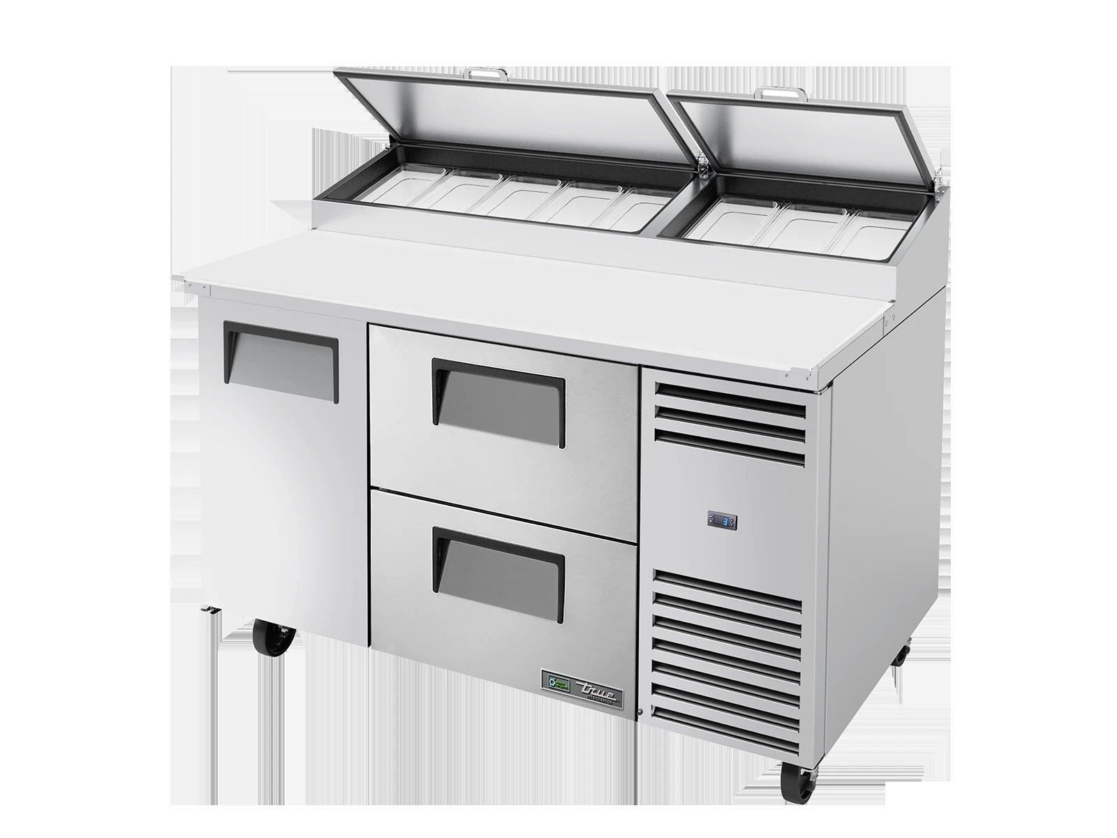 True TPP-AT-60D-2-HC Pizza Prep Table, 8x 1/3 Top Pans, 2 Drawers + 1 Solid Swing Door