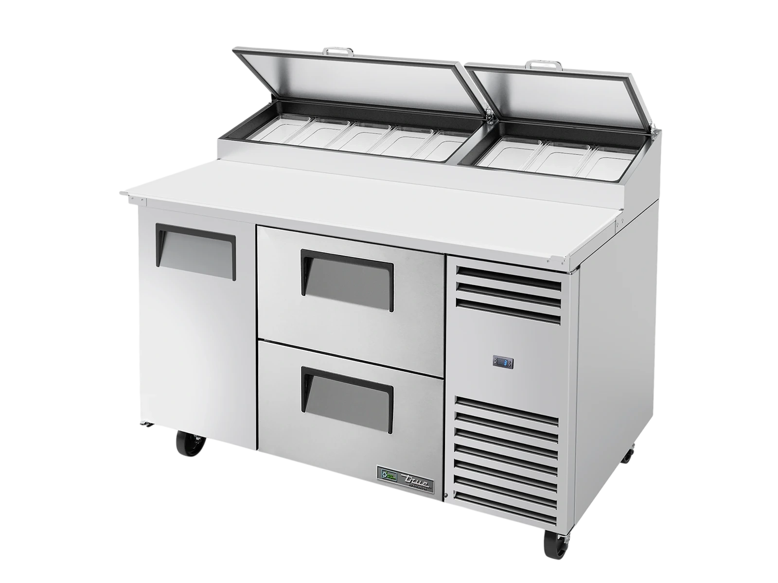 True TPP-AT-60D-2-HC Pizza Prep Table, 8x 1/3 Top Pans, 2 Drawers + 1 Solid Swing Door