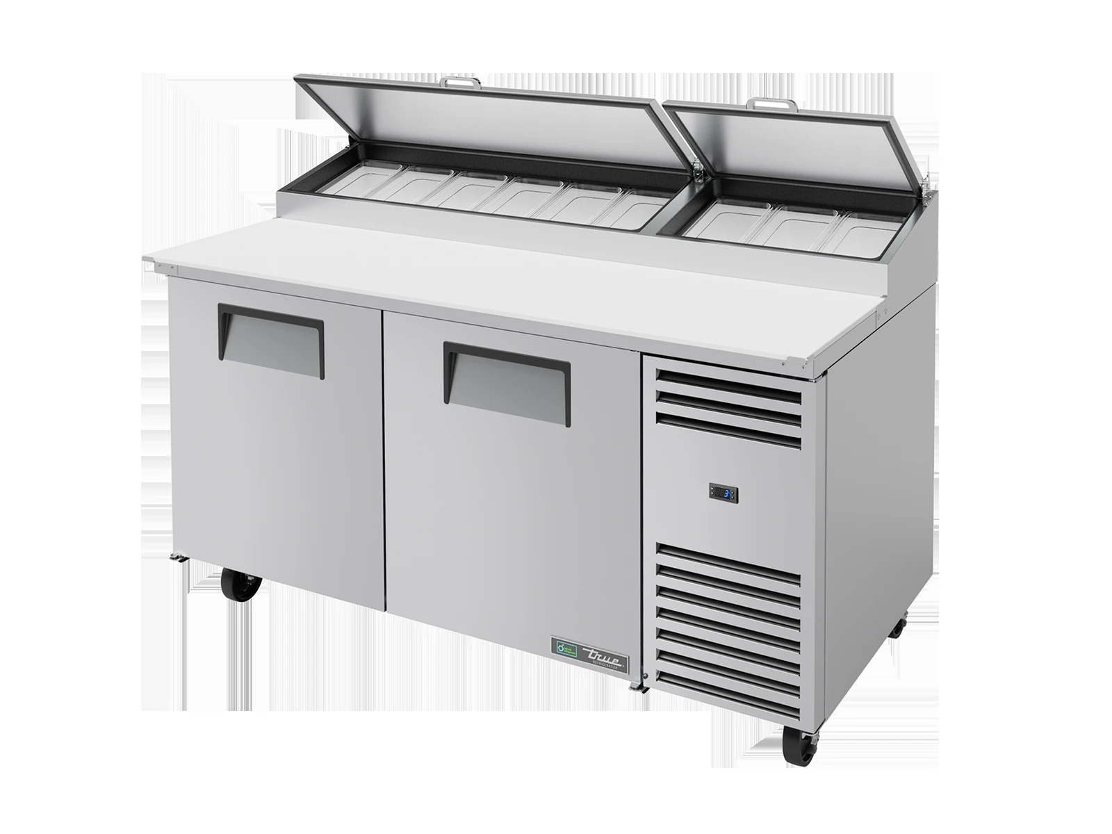True TPP-AT-67-HC Pizza Prep Table, 9x 1/3 Top Pans, 2 Solid Swing Doors