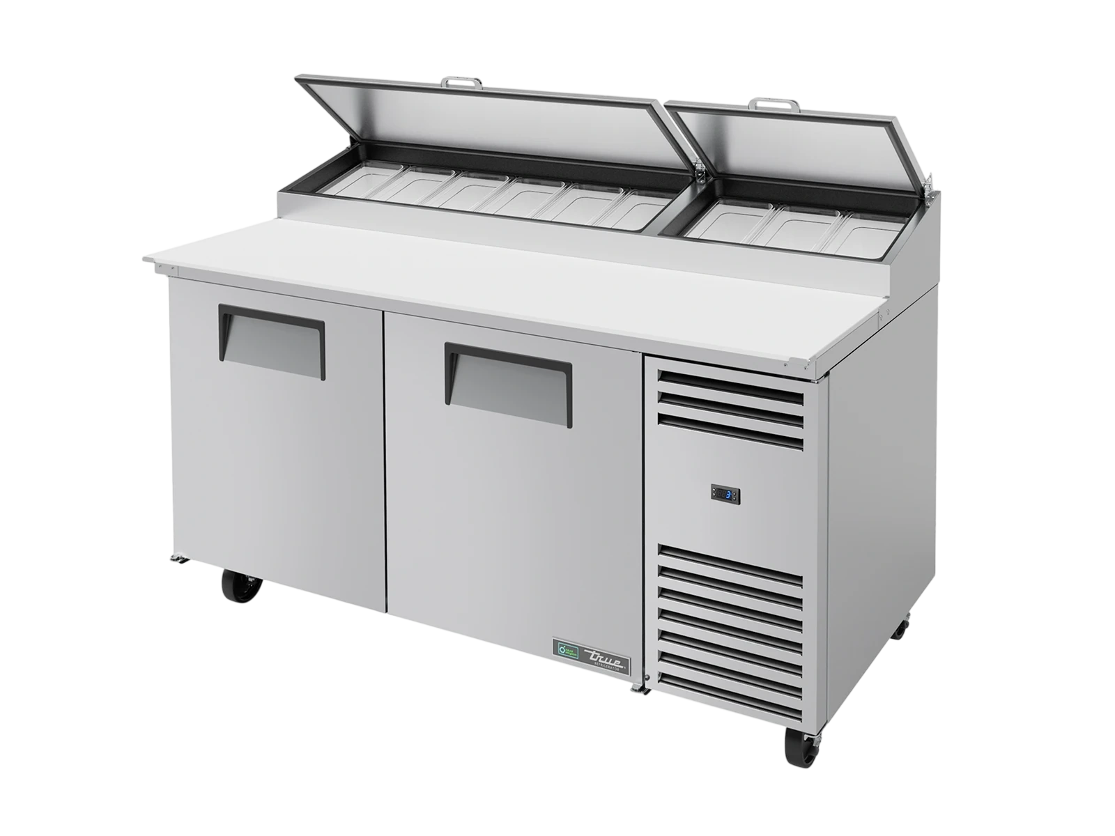 True TPP-AT-67-HC Pizza Prep Table, 9x 1/3 Top Pans, 2 Solid Swing Doors