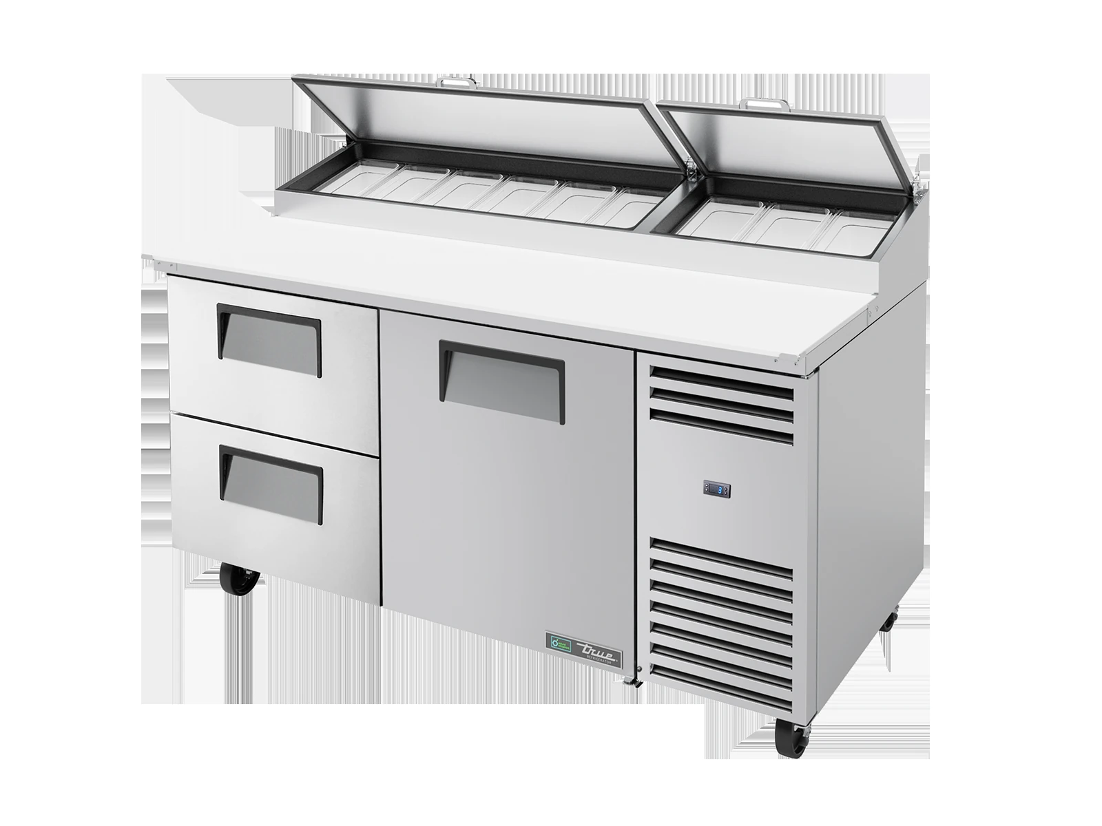 True TPP-AT-67D-2-HC Pizza Prep Table, 9x 1/3 Top Pans, 2 Drawers + 1 Solid Swing Door