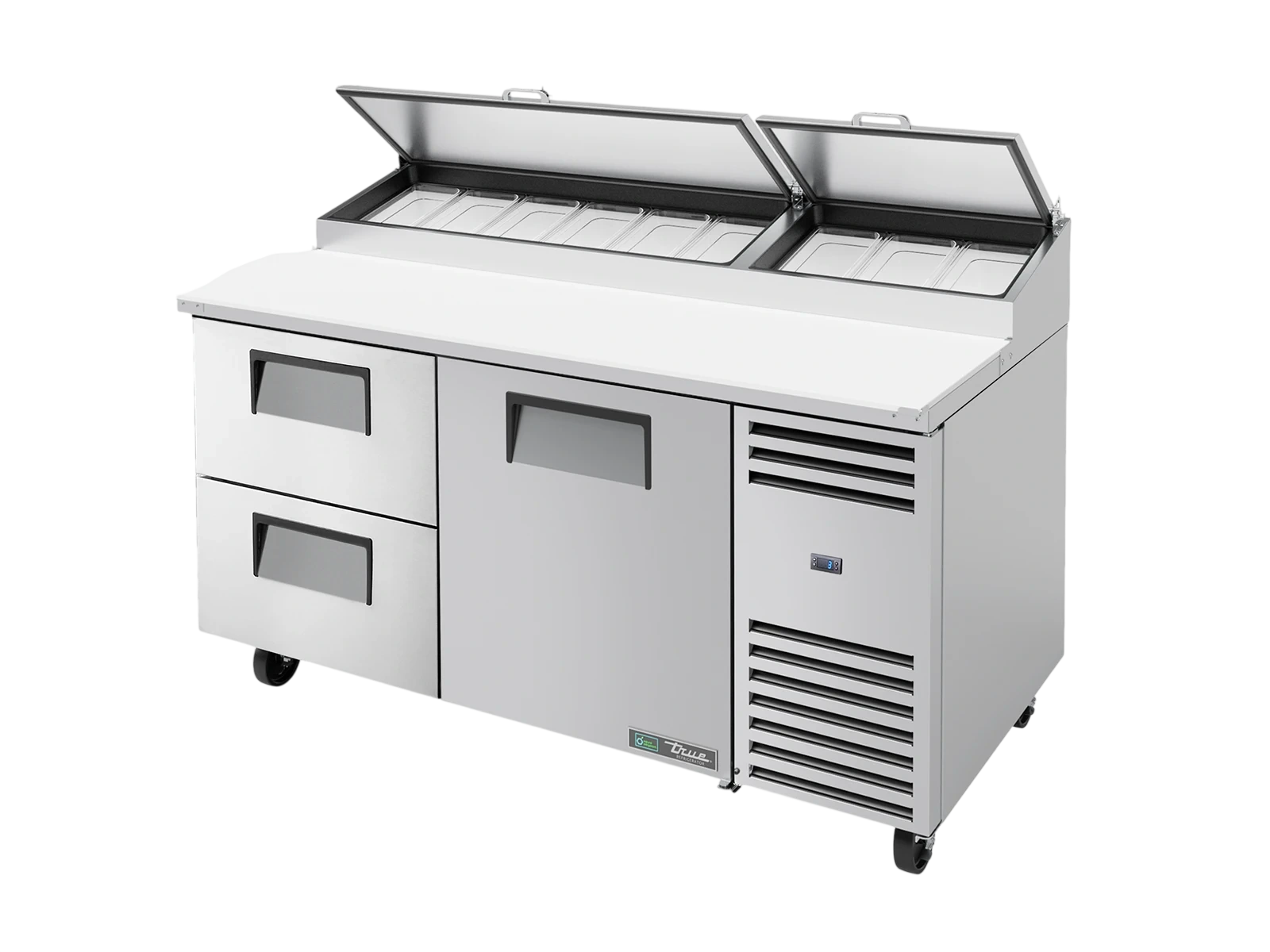 True TPP-AT-67D-2-HC Pizza Prep Table, 9x 1/3 Top Pans, 2 Drawers + 1 Solid Swing Door