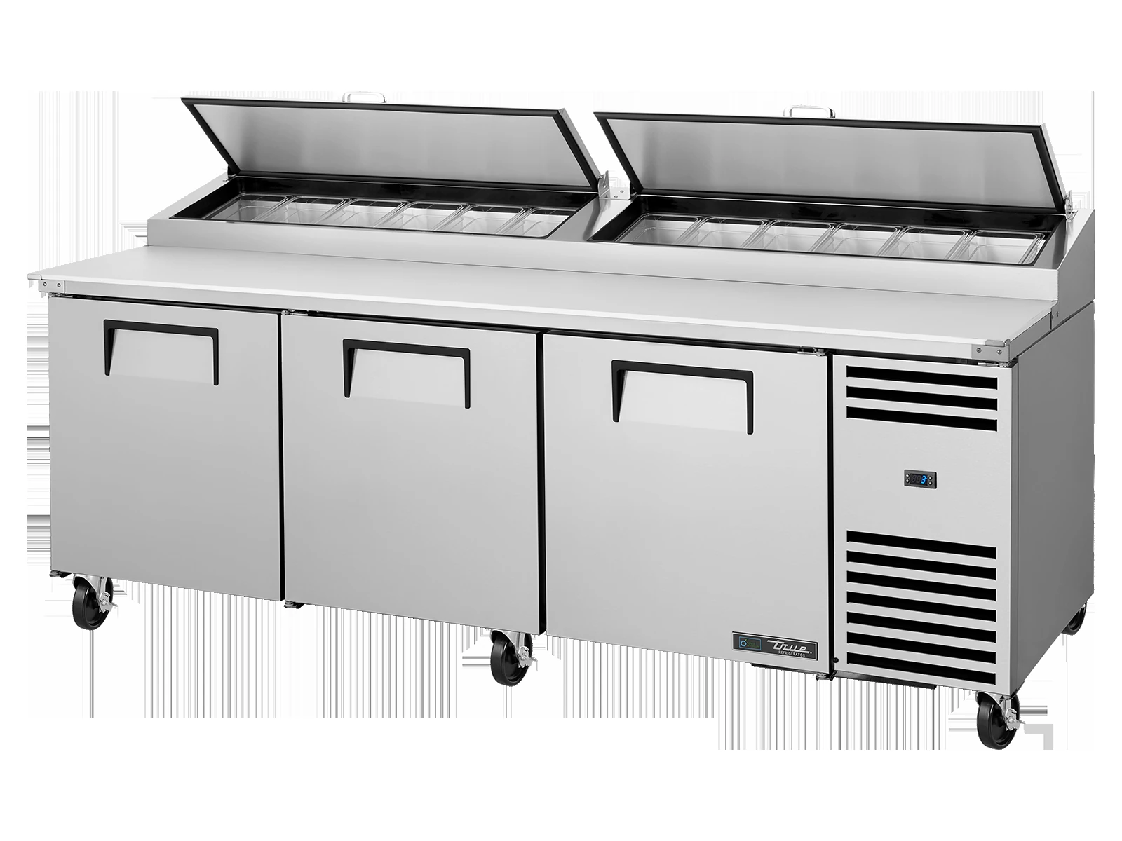 True TPP-AT2-93-HC Pizza Prep Table, 12x 1/3 Top Pans, 3 Solid Swing Doors