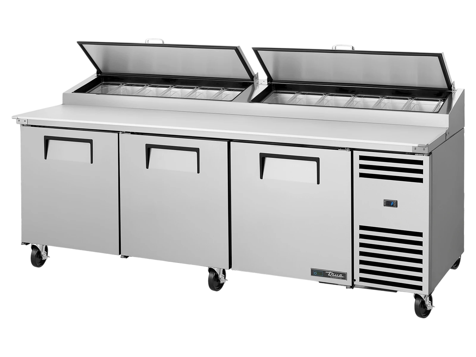 True TPP-AT2-93-HC Pizza Prep Table, 12x 1/3 Top Pans, 3 Solid Swing Doors