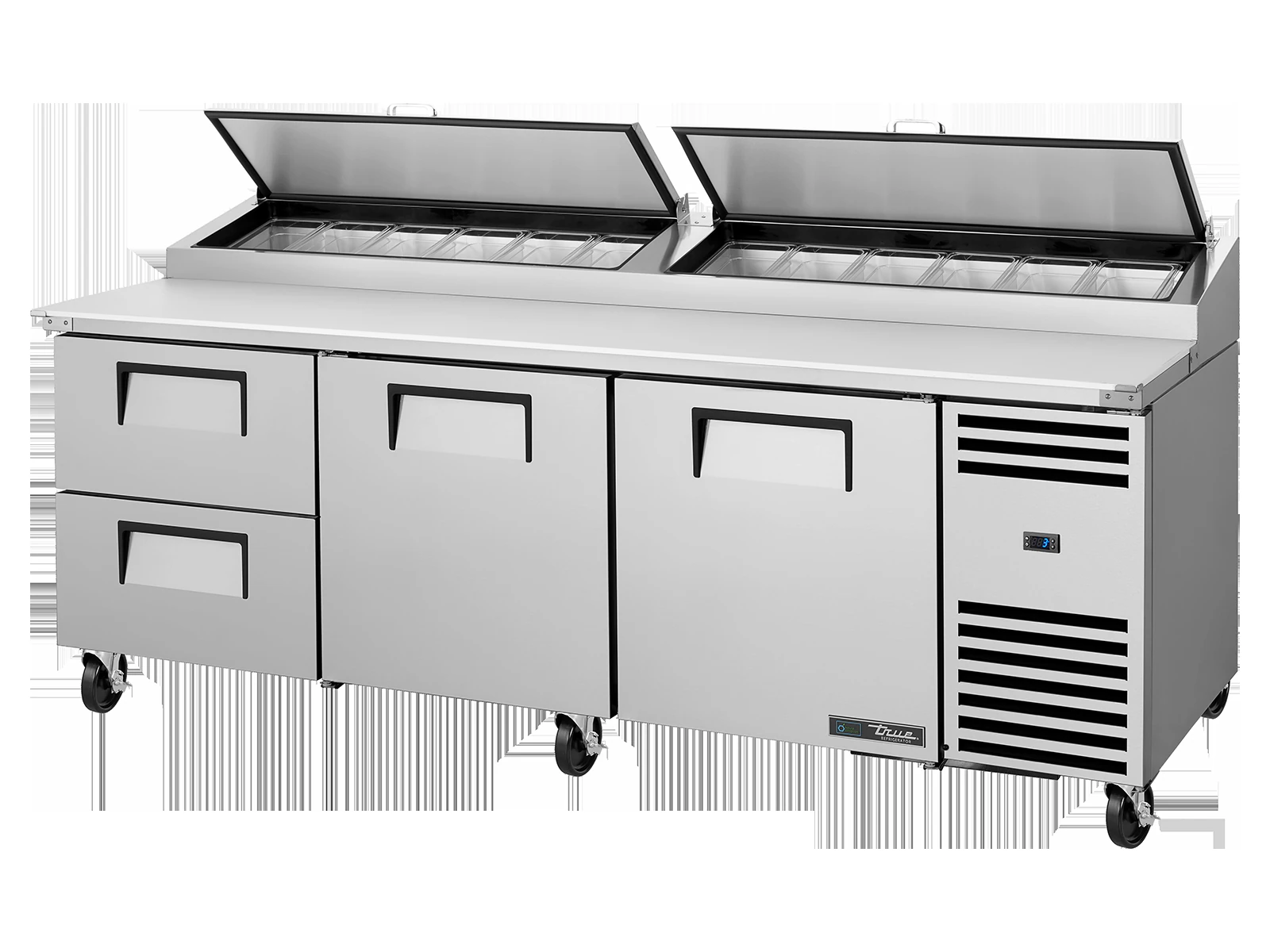True TPP-AT2-93D-2-HC Pizza Prep Table, 12x 1/3 Top Pans, 2 Drawers + 2 Solid Swing Doors