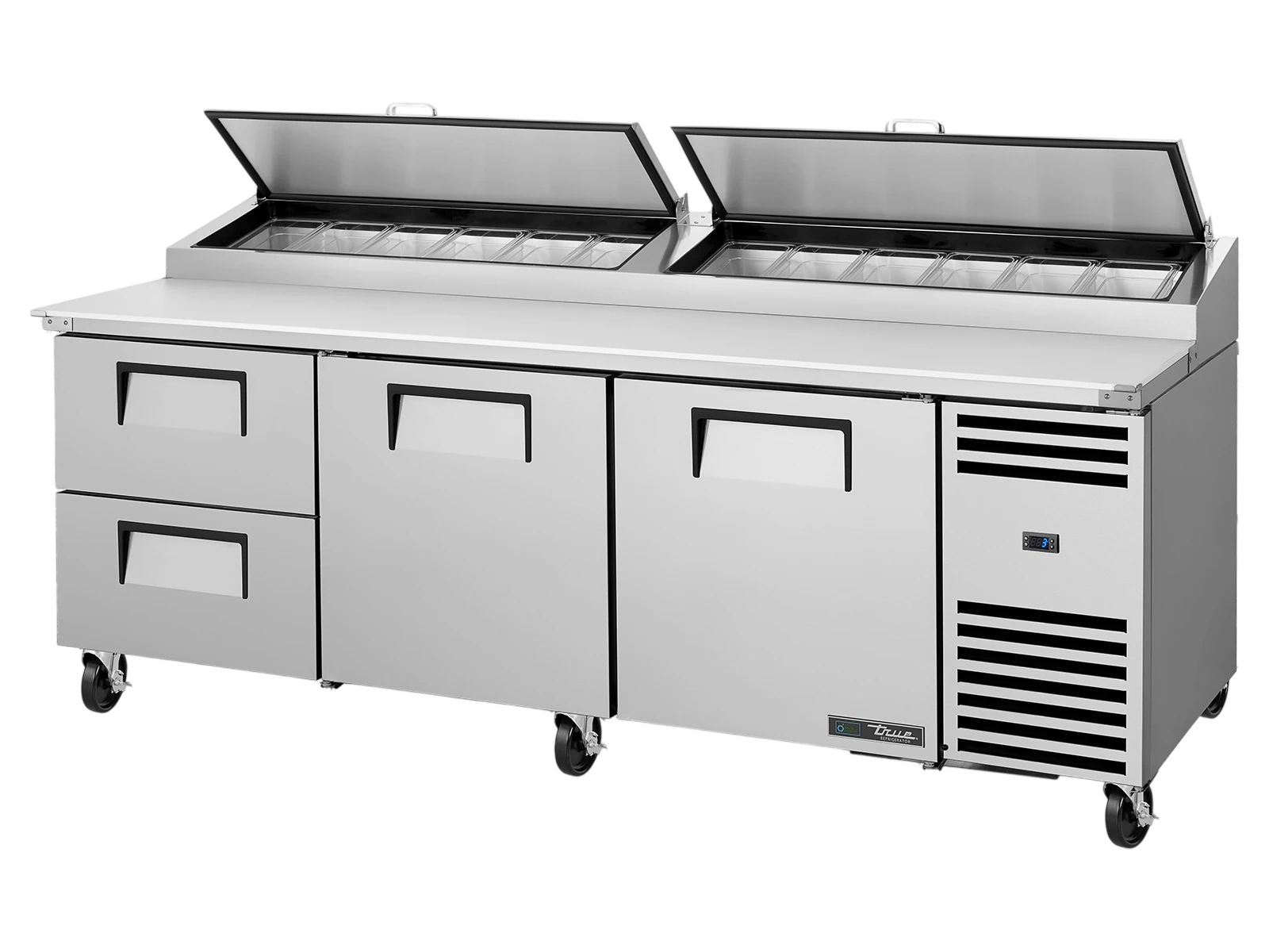 True TPP-AT2-93D-2-HC Pizza Prep Table, 12x 1/3 Top Pans, 2 Drawers + 2 Solid Swing Doors