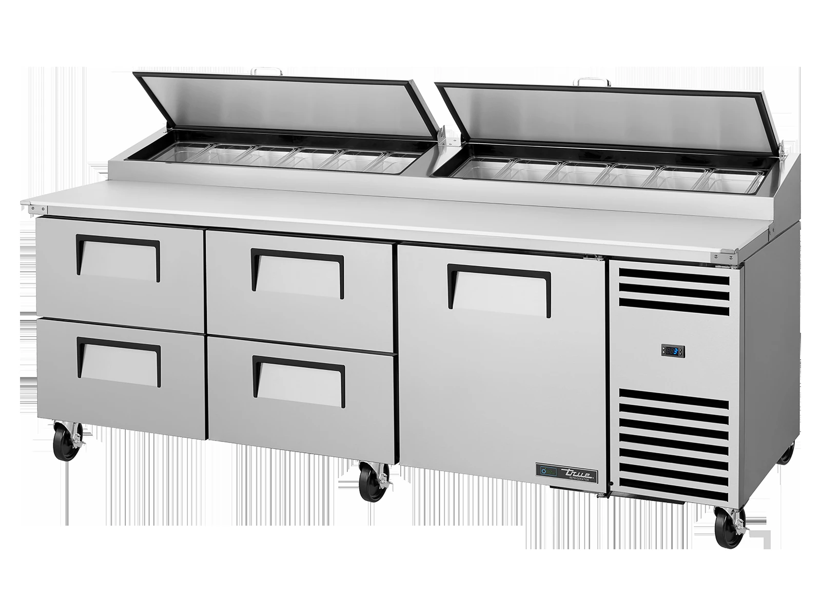 True TPP-AT2-93D-4-HC Pizza Prep Table, 12x 1/3 Top Pans, 4 Drawers + 1 Solid Swing Door