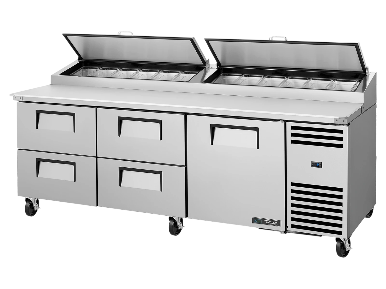 True TPP-AT2-93D-4-HC Pizza Prep Table, 12x 1/3 Top Pans, 4 Drawers + 1 Solid Swing Door
