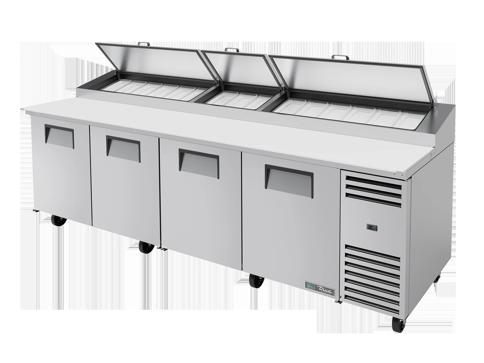 True TPP-AT-119-HC Pizza Prep Table, 15x 1/3 Top Pans, 4 Solid Swing Doors