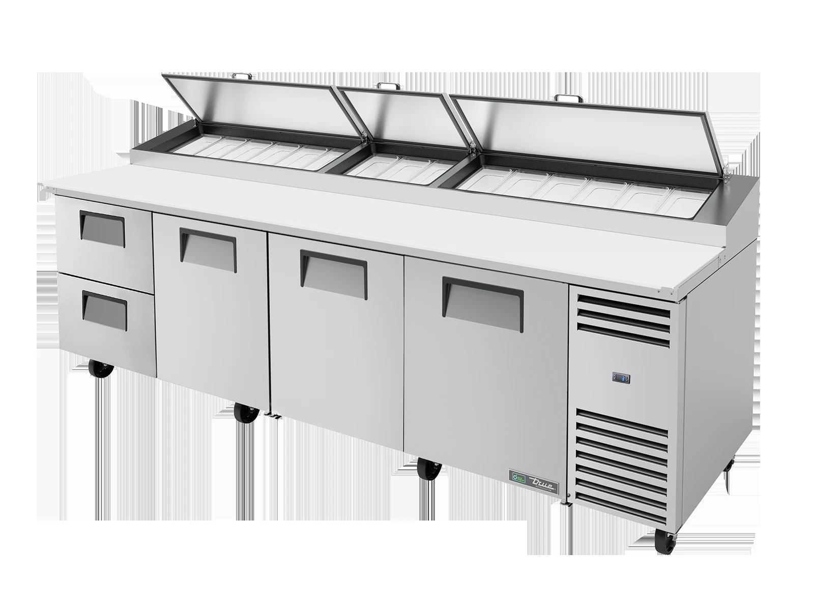 True TPP-AT-119D-2-HC Pizza Prep Table, 15x 1/3 Top Pans, 2 Drawers + 3 Solid Swing Doors