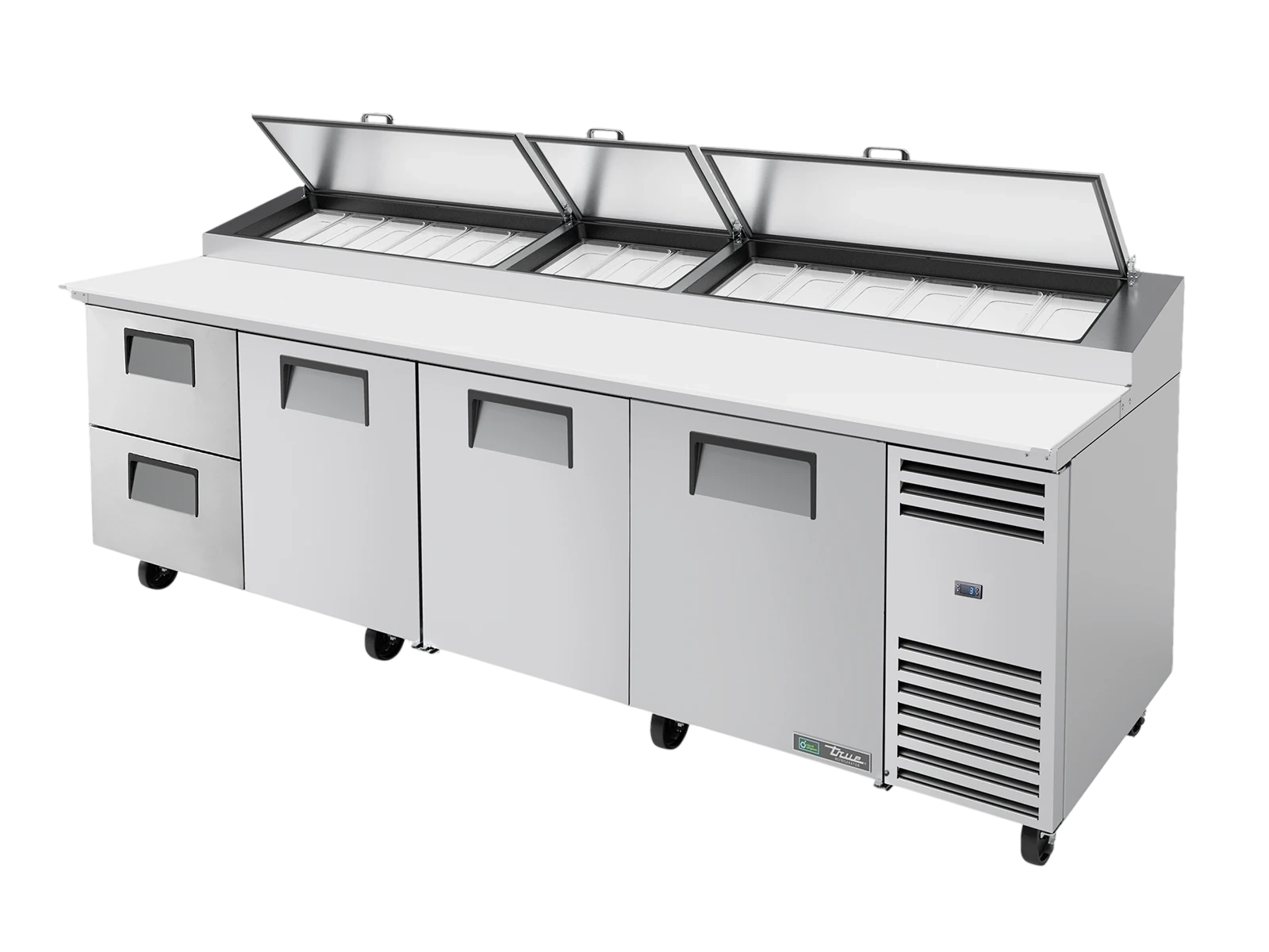 True TPP-AT-119D-2-HC Pizza Prep Table, 15x 1/3 Top Pans, 2 Drawers + 3 Solid Swing Doors