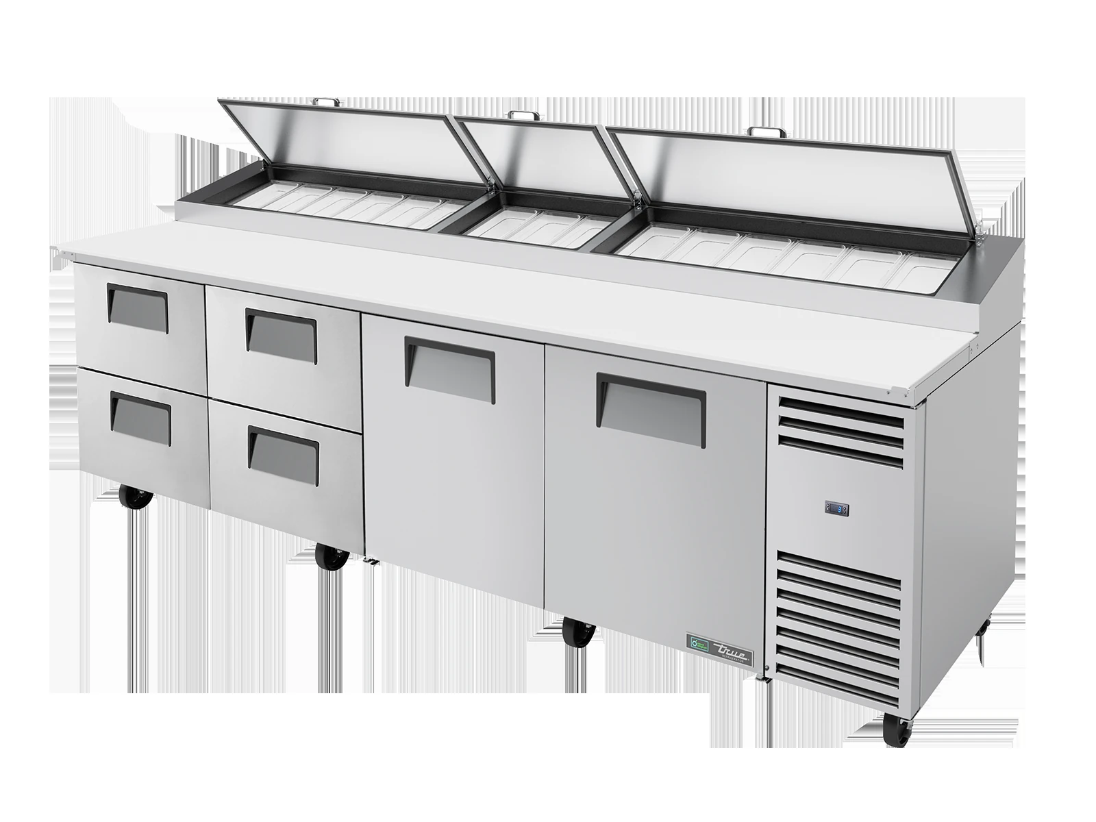 True TPP-AT-119D-4-HC Pizza Prep Table, 15x 1/3 Top Pans, 4 Drawers + 2 Solid Swing Doors