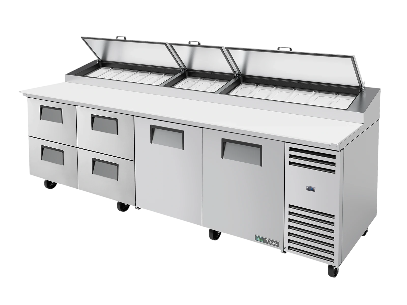 True TPP-AT-119D-4-HC Pizza Prep Table, 15x 1/3 Top Pans, 4 Drawers + 2 Solid Swing Doors