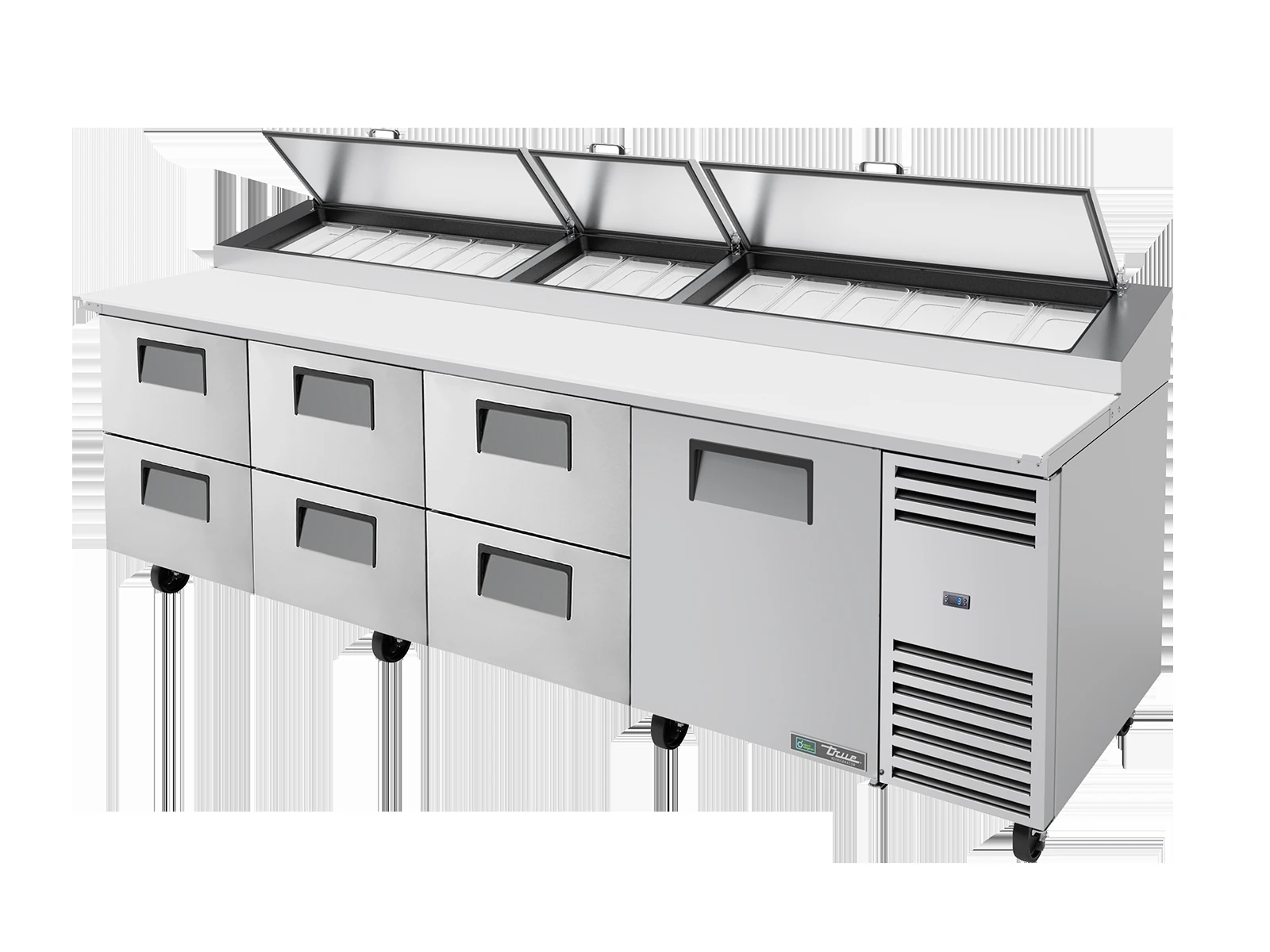 True TPP-AT-119D-6-HC Pizza Prep Table, 15x 1/3 Top Pans, 6 Drawers + 1 Solid Swing Door