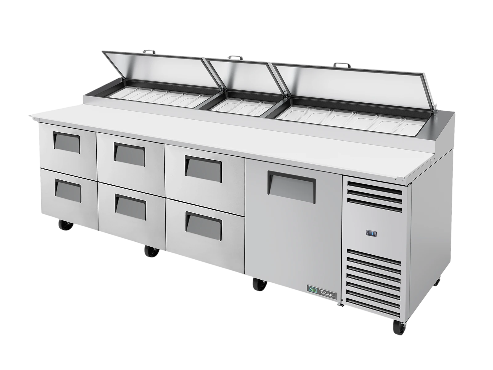 True TPP-AT-119D-6-HC Pizza Prep Table, 15x 1/3 Top Pans, 6 Drawers + 1 Solid Swing Door