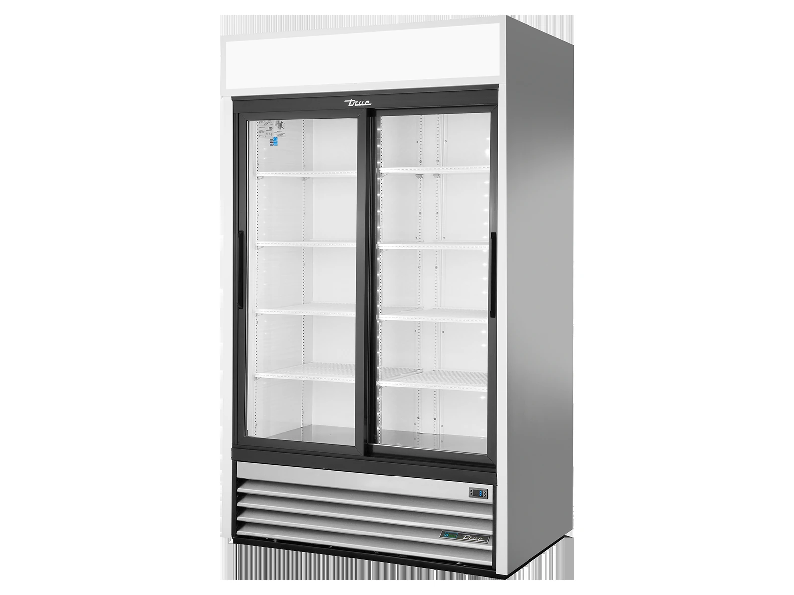 True GDM-41-HC-LD Upright Retail Merchandiser Refrigerator, 2 Full Glass Slide Doors