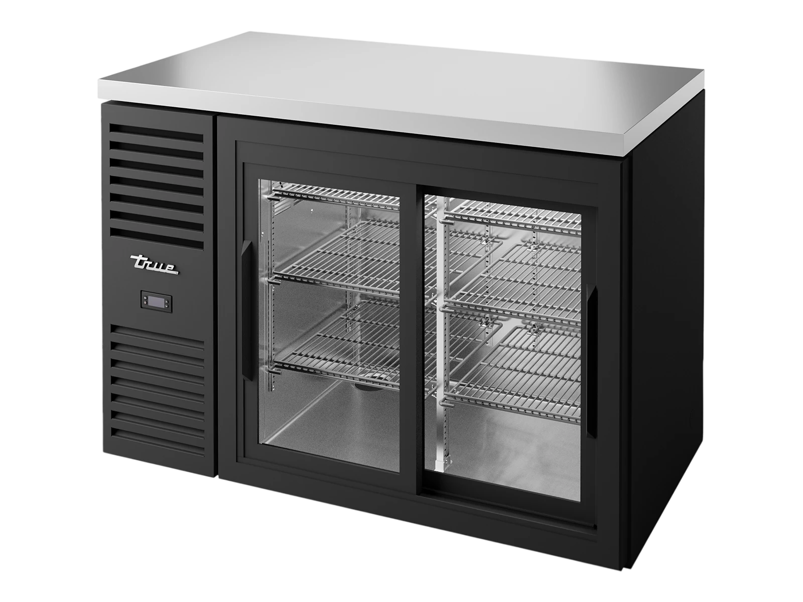 True TBR48-RISZ1-L-B-11-2 Bar Refrigerator, Black Ext, 2 Glass Slide Doors