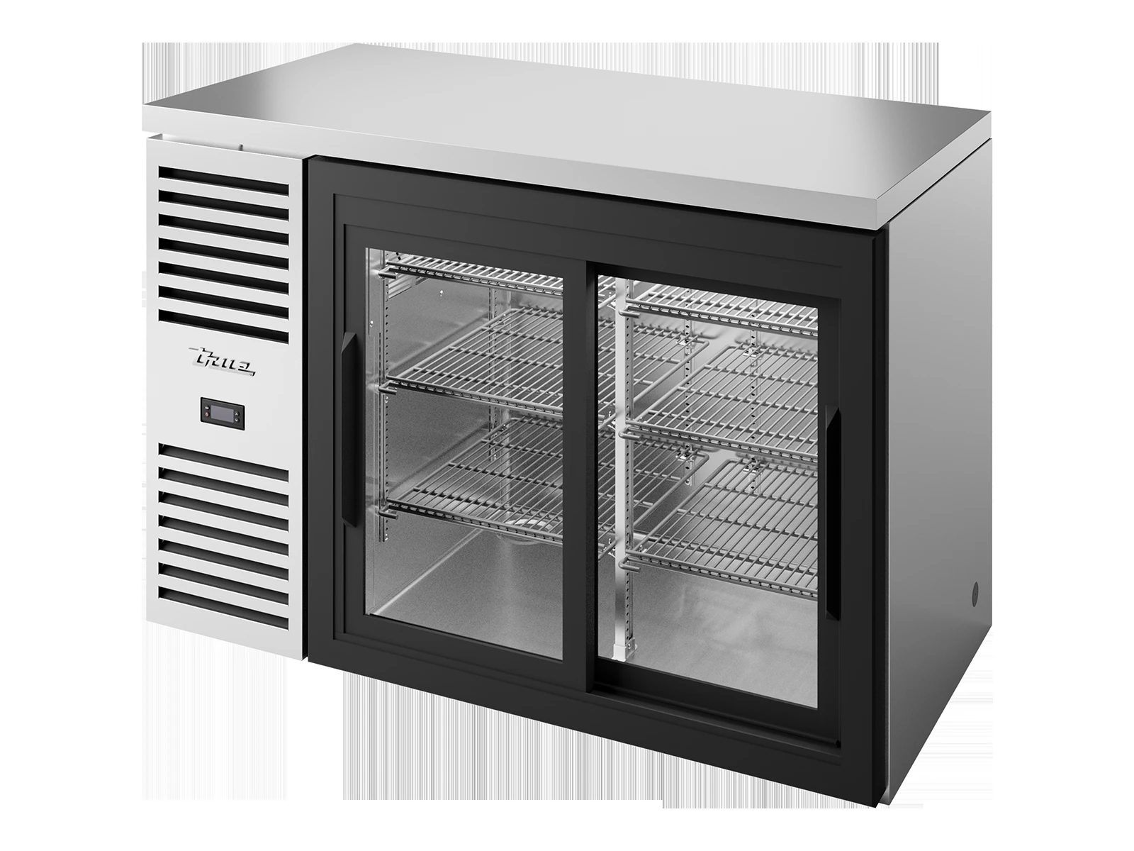 True TBR48-RISZ1-L-S-11-2 Bar Refrigerator, Stainless Steel Ext, 2 Glass Slide Doors