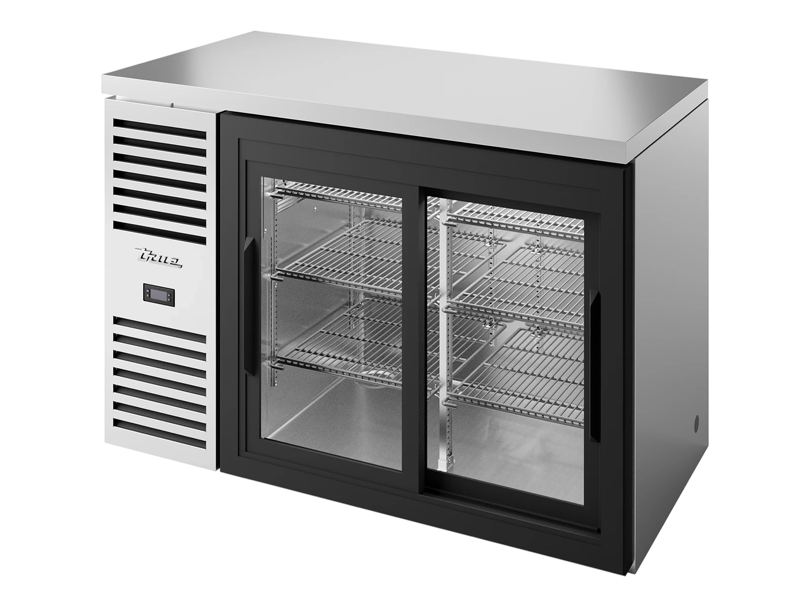 True TBR48-RISZ1-L-S-11-2 Bar Refrigerator, Stainless Steel Ext, 2 Glass Slide Doors