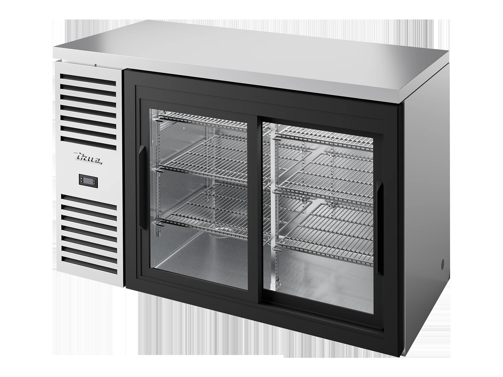 True TBR52-RISZ1-L-S-11-2 Bar Refrigerator, Stainless Steel Ext, 2 Glass Slide Doors