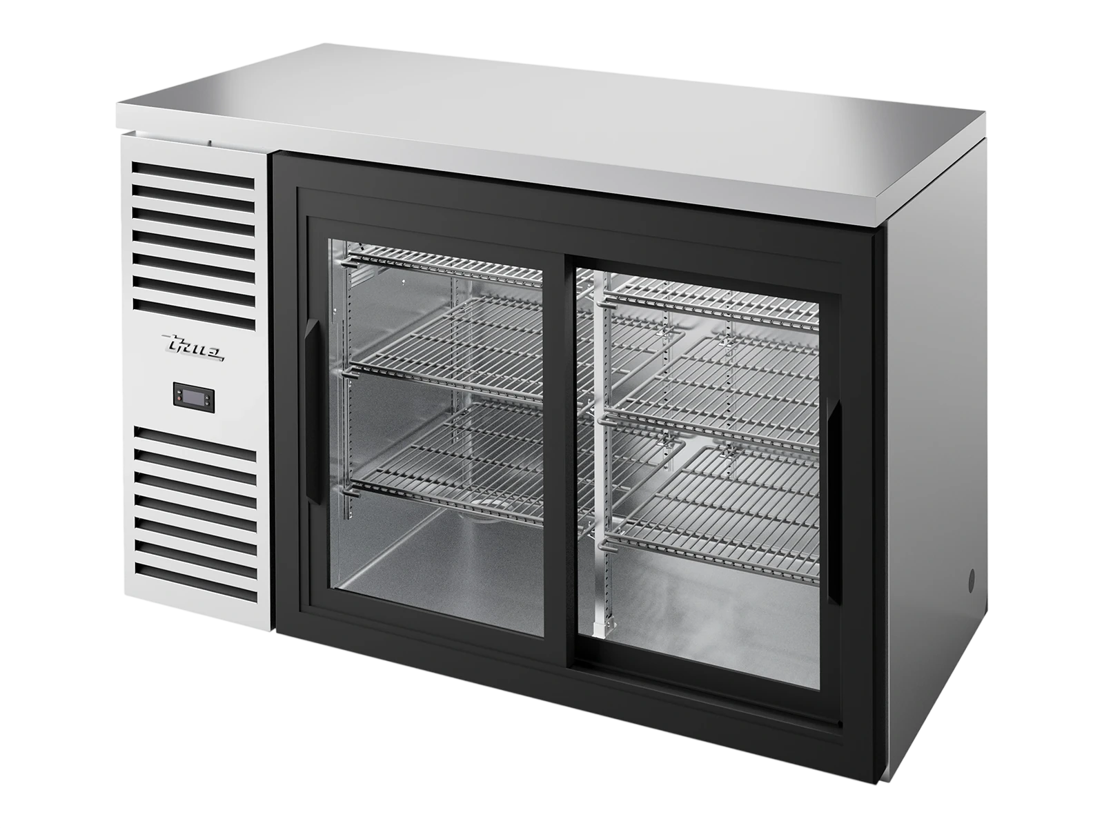 True TBR52-RISZ1-L-S-11-2 Bar Refrigerator, Stainless Steel Ext, 2 Glass Slide Doors