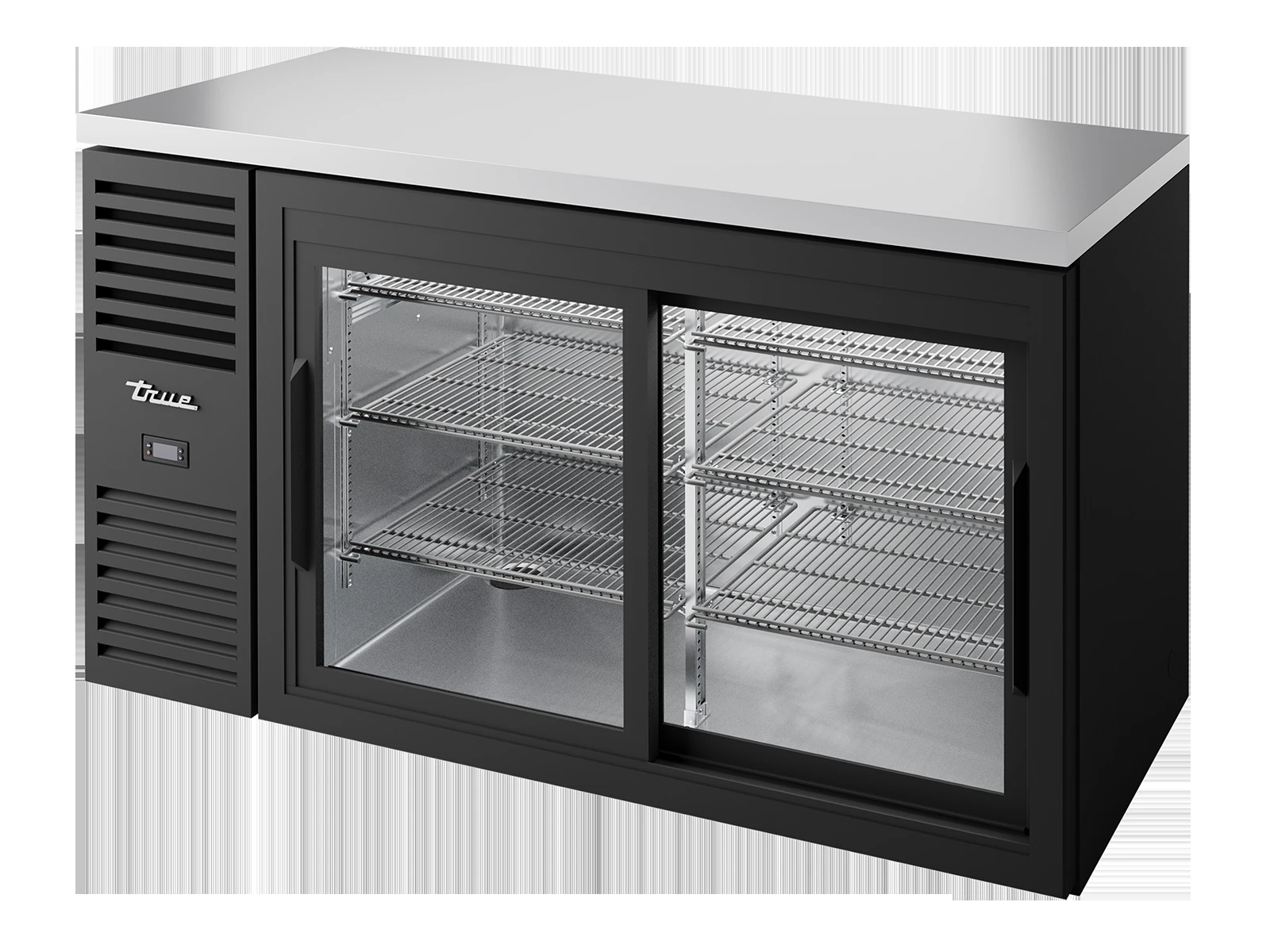 True TBR60-RISZ1-L-B-11-2 Bar Refrigerator, Black Ext, 2 Glass Slide Doors