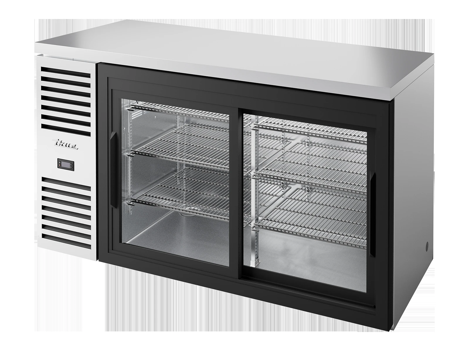 True TBR60-RISZ1-L-S-11-2 Bar Refrigerator, Stainless Steel Ext, 2 Glass Slide Doors