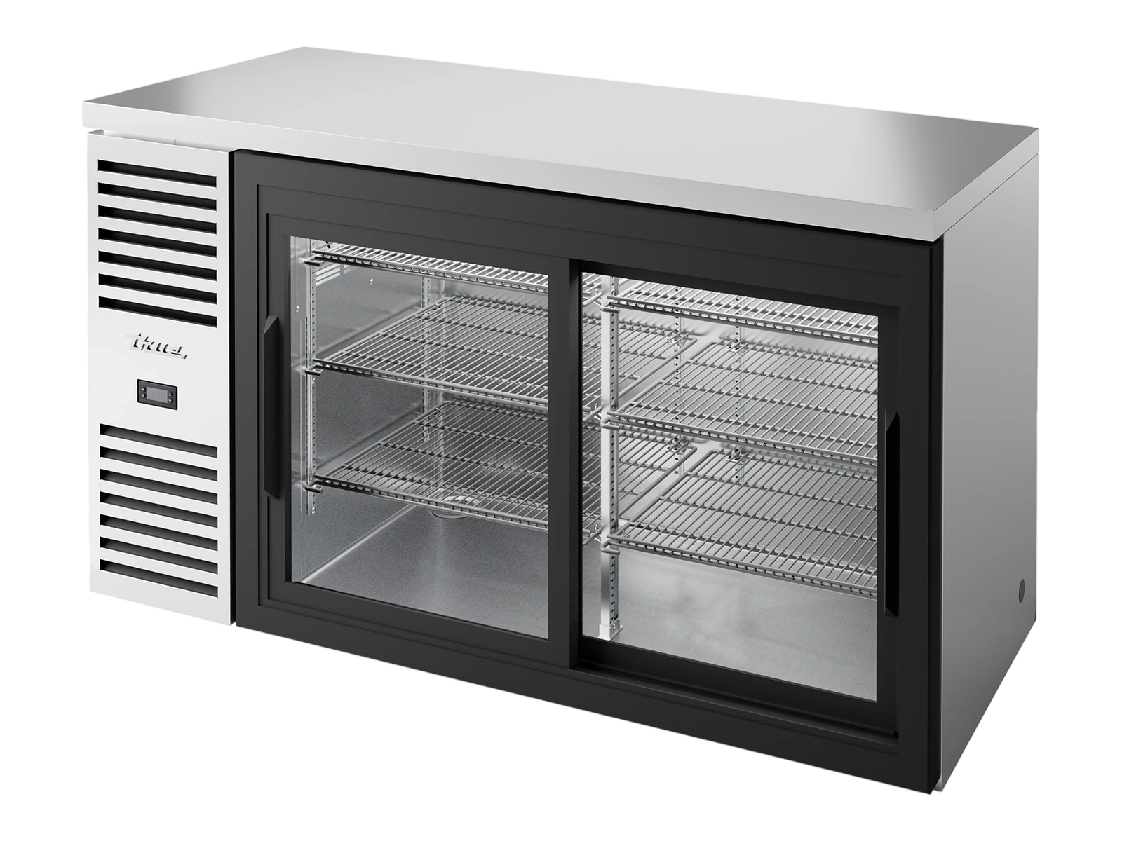 True TBR60-RISZ1-L-S-11-2 Bar Refrigerator, Stainless Steel Ext, 2 Glass Slide Doors