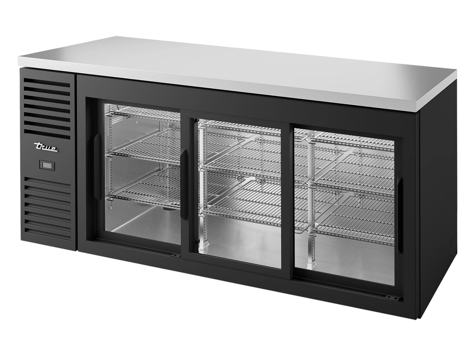 True TBR72-RISZ1-L-B-111-2 Bar Refrigerator, Black Ext, 3 Glass Slide Doors
