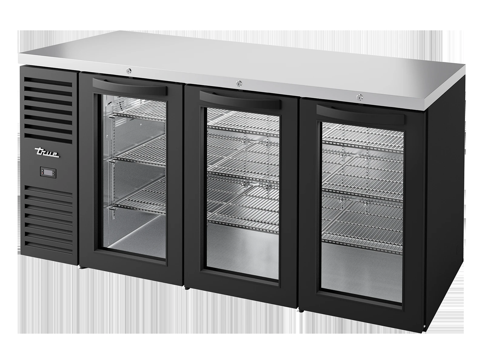 True TBR72-RISZ1-L-B-GGG-2 Bar Refrigerator, Black Ext, 3 Glass Swing Doors