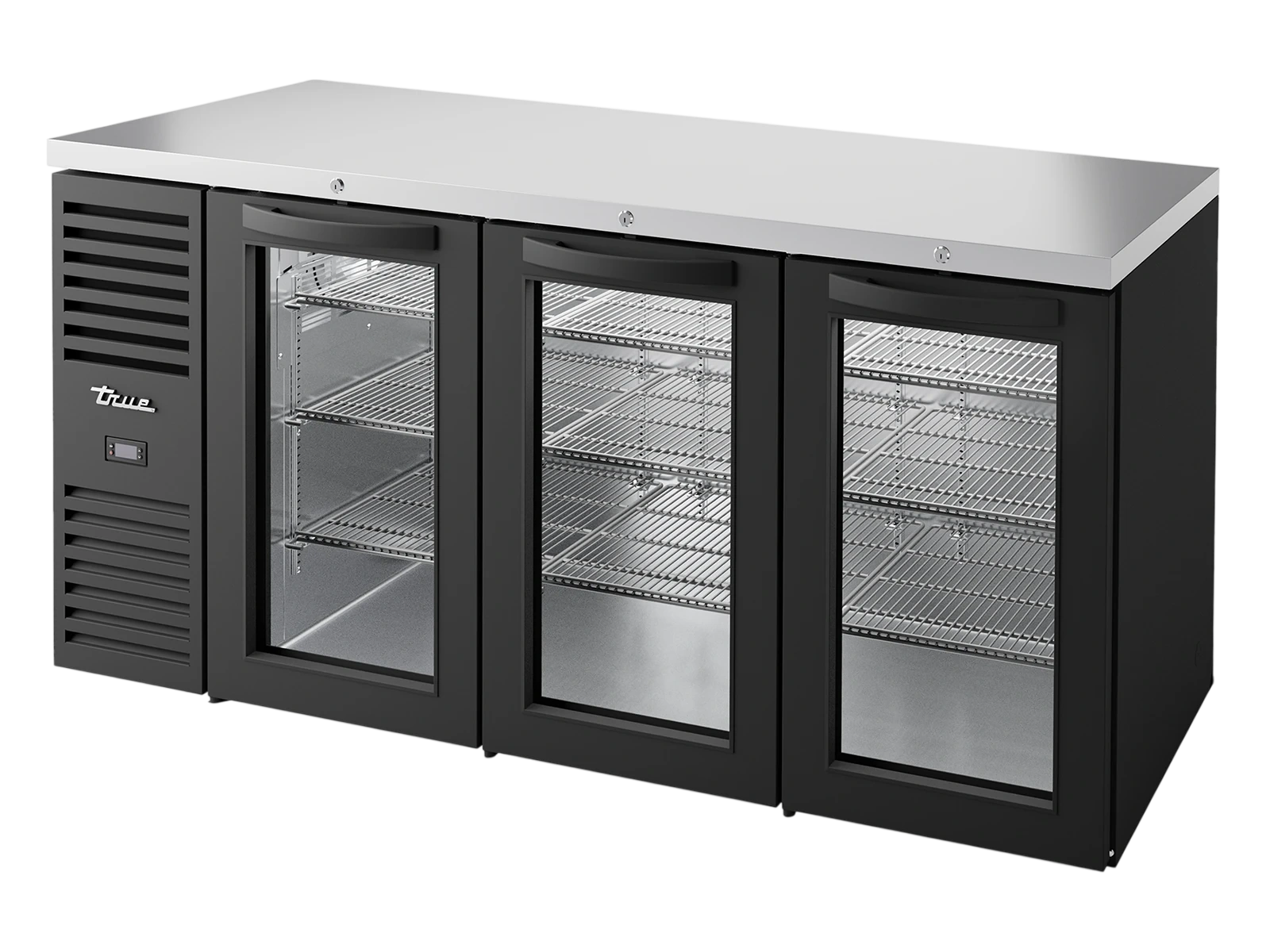 True TBR72-RISZ1-L-B-GGG-2 Bar Refrigerator, Black Ext, 3 Glass Swing Doors