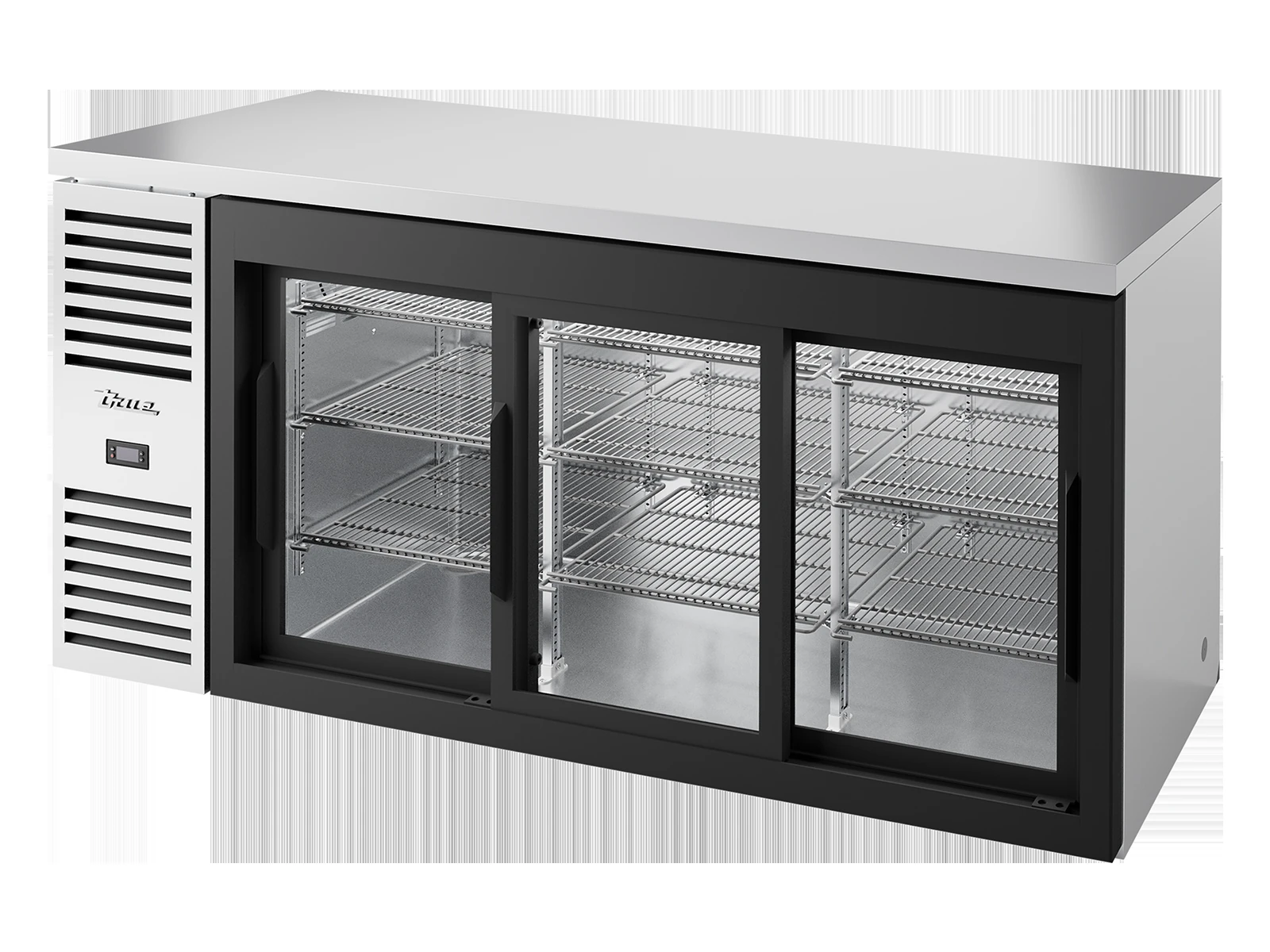True TBR72-RISZ1-L-S-111-2 Bar Refrigerator, Stainless Steel Ext, 3 Glass Slide Doors