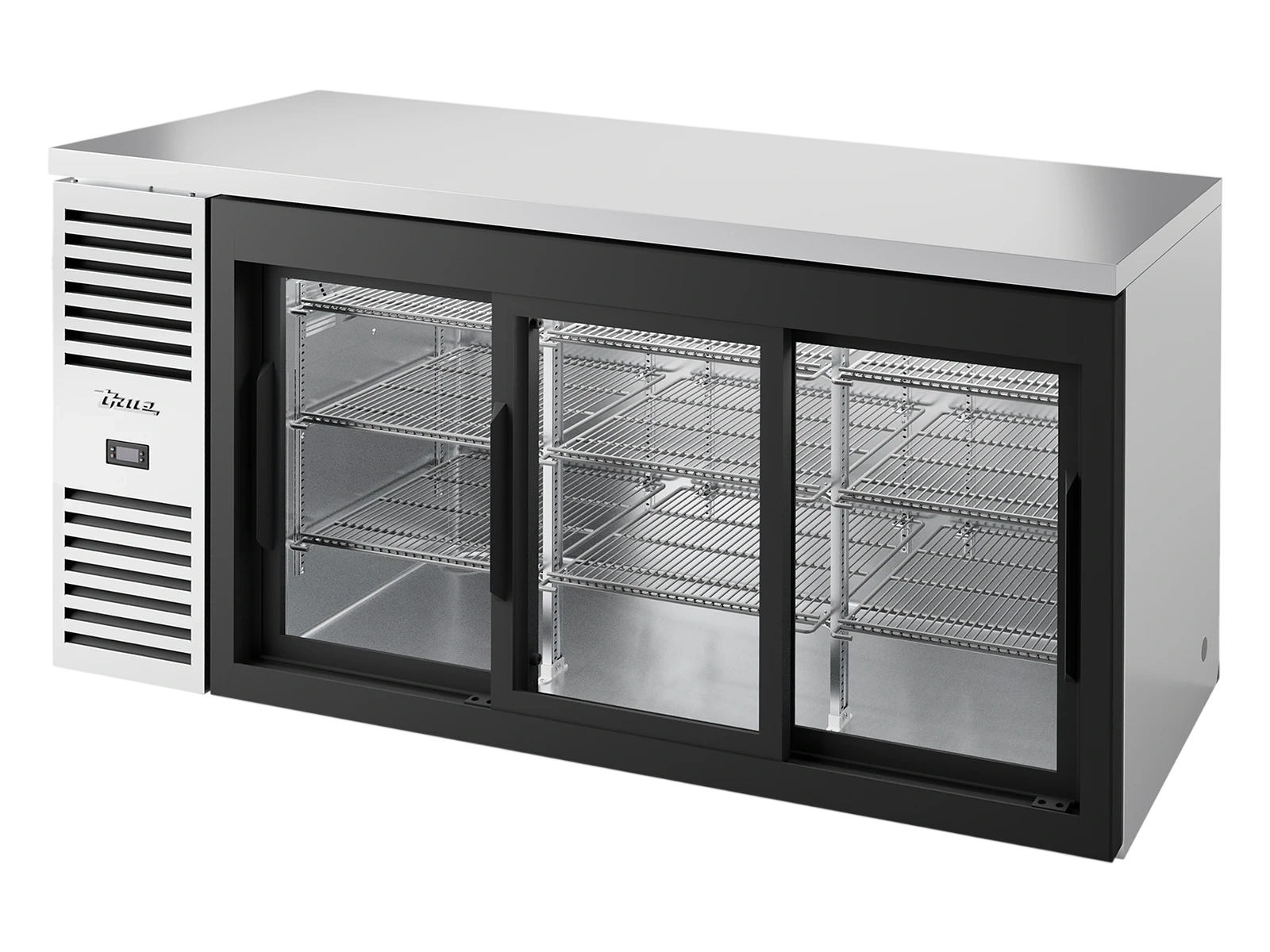 True TBR72-RISZ1-L-S-111-2 Bar Refrigerator, Stainless Steel Ext, 3 Glass Slide Doors