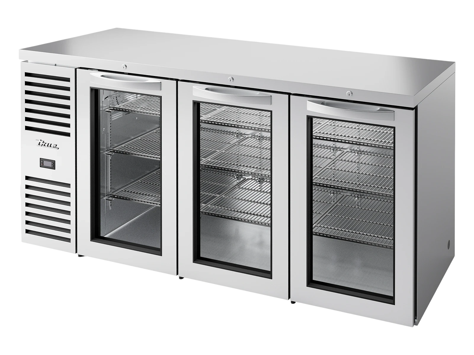 True TBR72-RISZ1-L-S-GGG-2 Bar Refrigerator, Stainless Steel Ext, 3 Glass Swing Doors