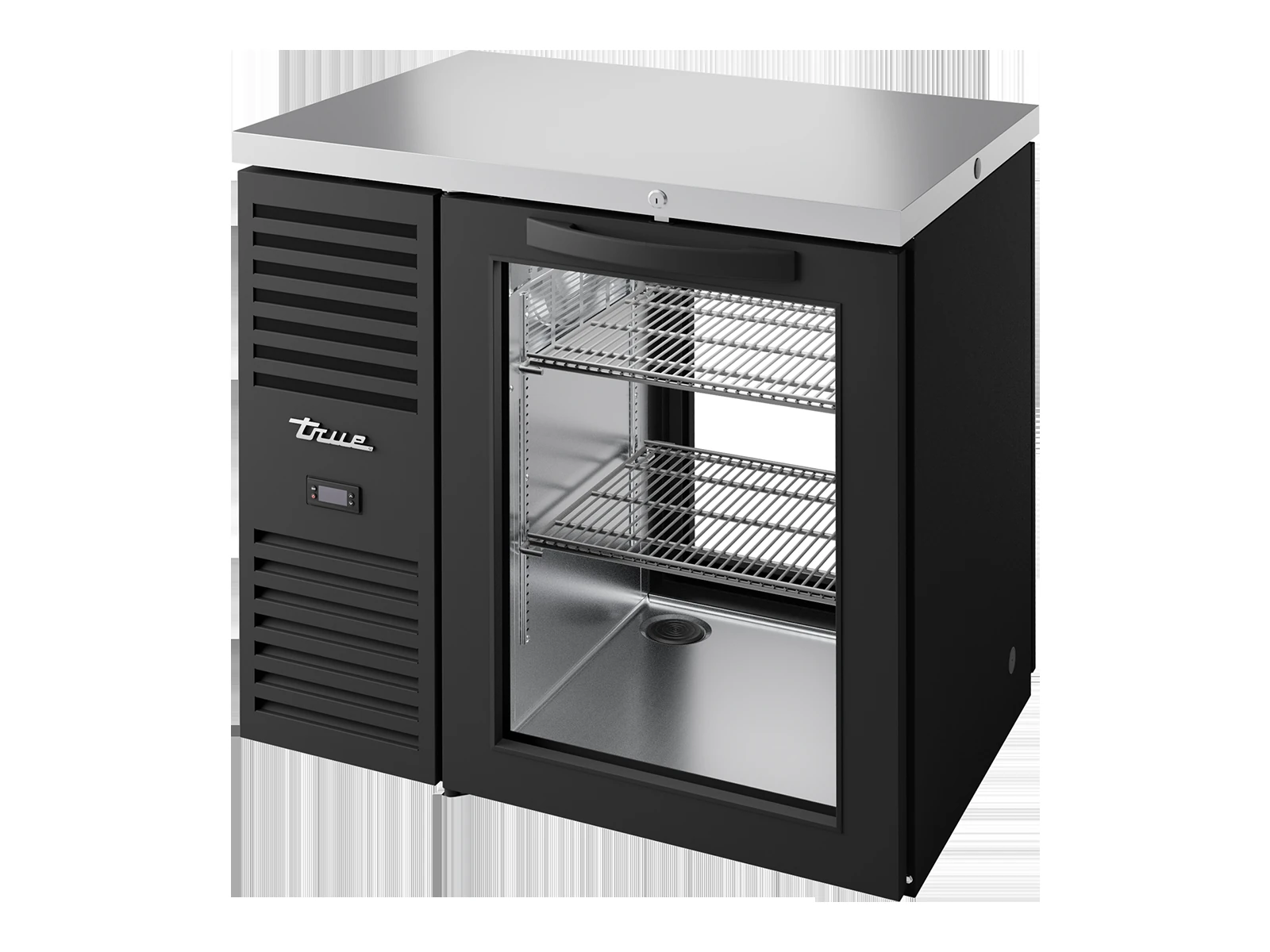 True TBR36-PTSZ1-L-B-G-G-2 "Pass-Thru" Bar Refrigerator, Black Ext, 1 Glass Swing Door Front, 1 Glass Swing Door Rear