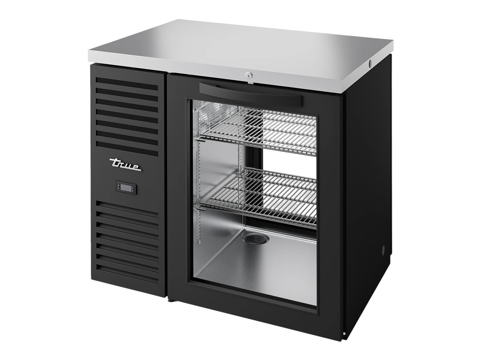 True TBR36-PTSZ1-L-B-G-G-2 "Pass-Thru" Bar Refrigerator, Black Ext, 1 Glass Swing Door Front, 1 Glass Swing Door Rear