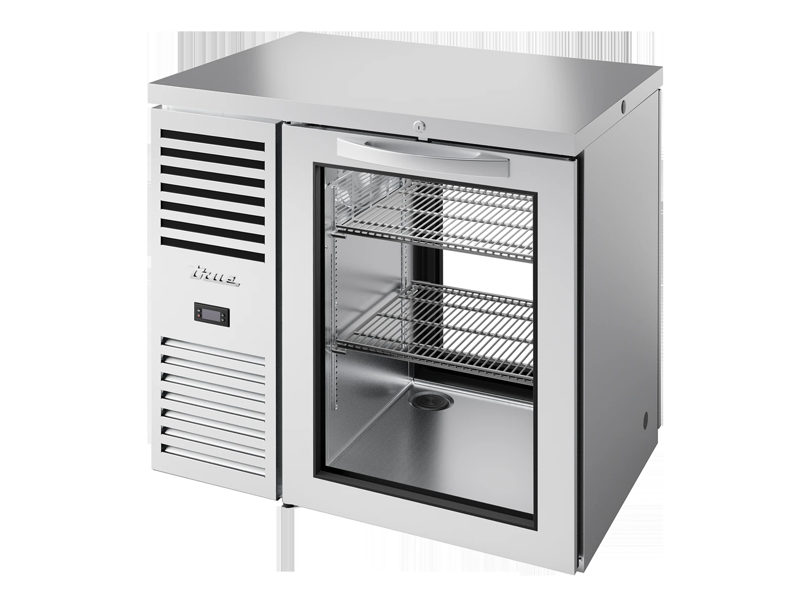 True TBR36-PTSZ1-L-S-G-G-2 "Pass-Thru" Bar Refrigerator, Stainless Steel Ext, 1 Glass Swing Door Front, 1 Glass Swing Door Rear