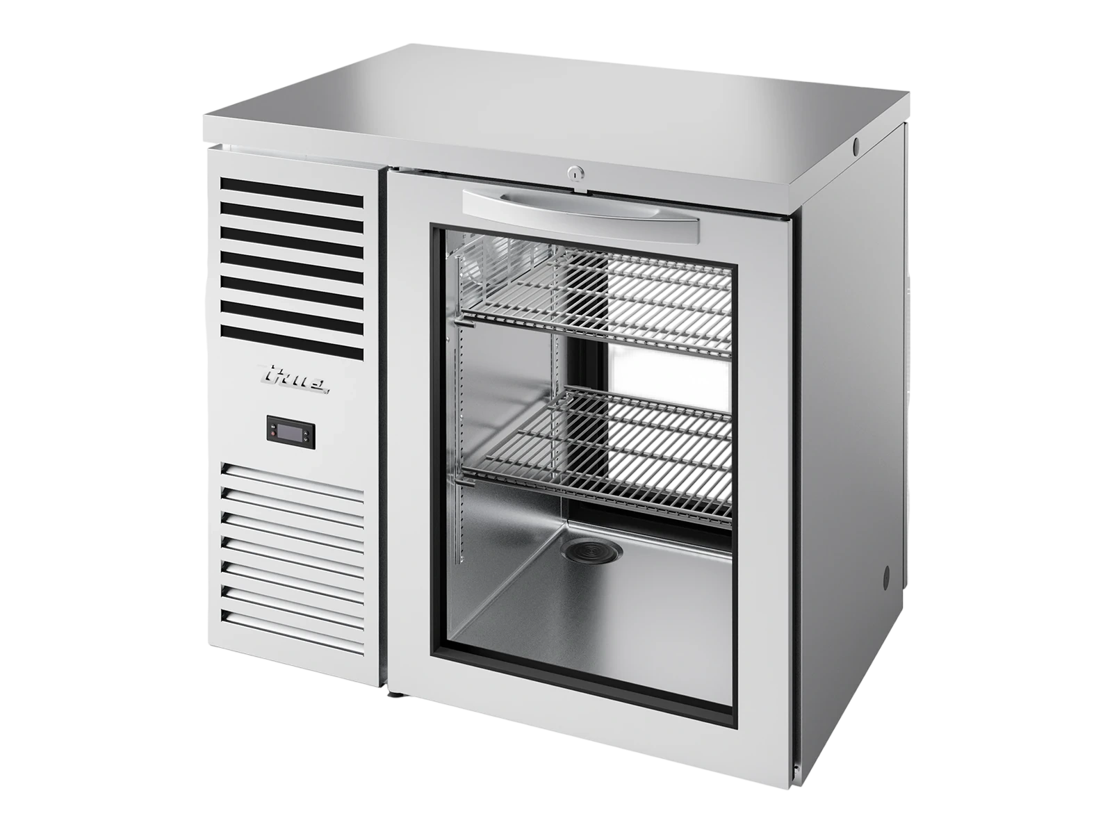 True TBR36-PTSZ1-L-S-G-G-2 "Pass-Thru" Bar Refrigerator, Stainless Steel Ext, 1 Glass Swing Door Front, 1 Glass Swing Door Rear