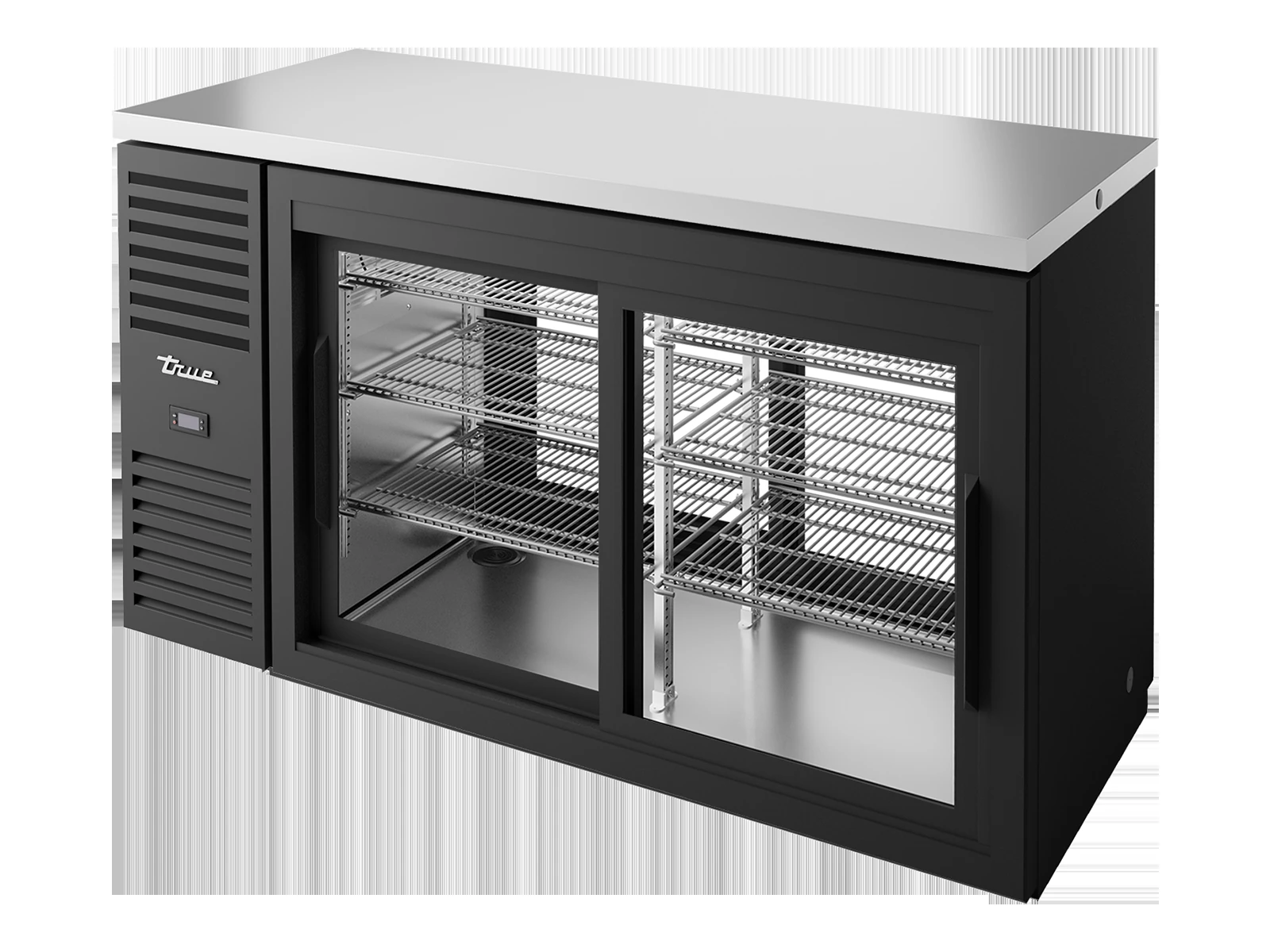 True TBR60-PTSZ1-L-B-11-11-2 "Pass-Thru" Bar Refrigerator, Black Ext, 2 Glass Slide Doors Front, 2 Glass Slide Doors Rear
