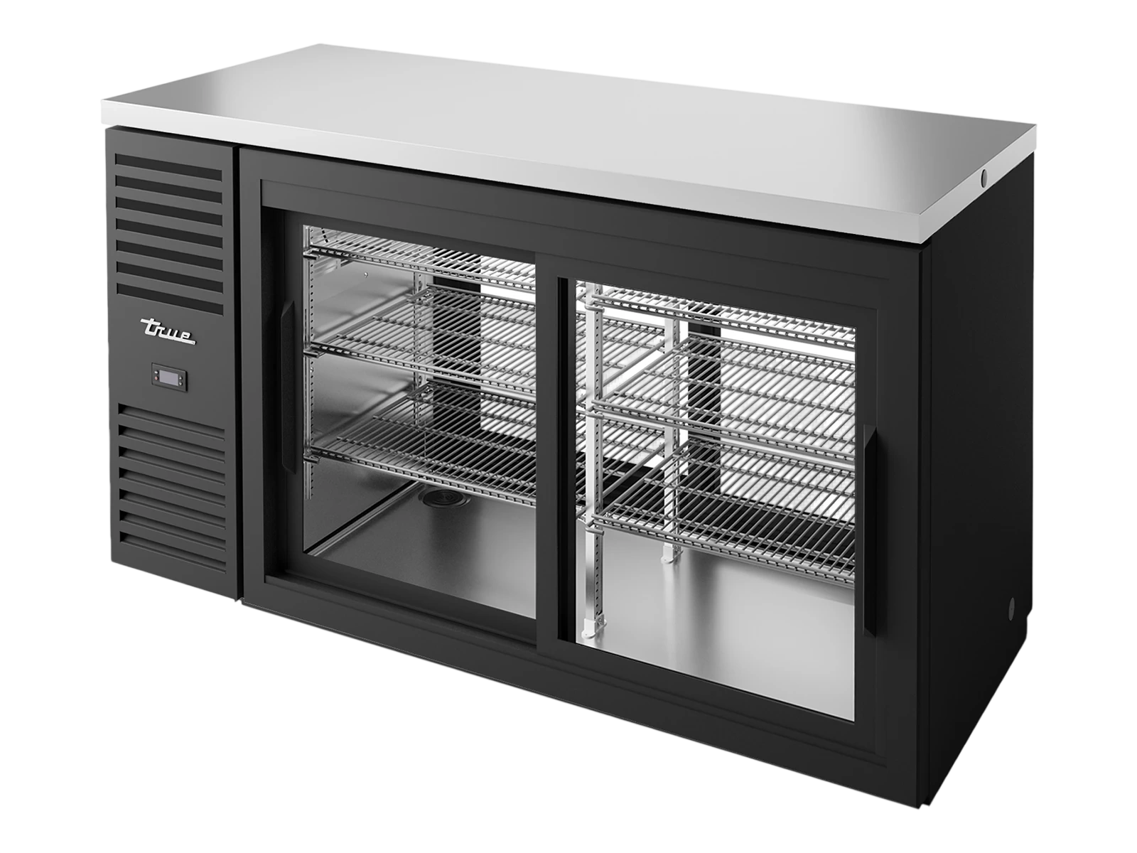 True TBR60-PTSZ1-L-B-11-11-2 "Pass-Thru" Bar Refrigerator, Black Ext, 2 Glass Slide Doors Front, 2 Glass Slide Doors Rear