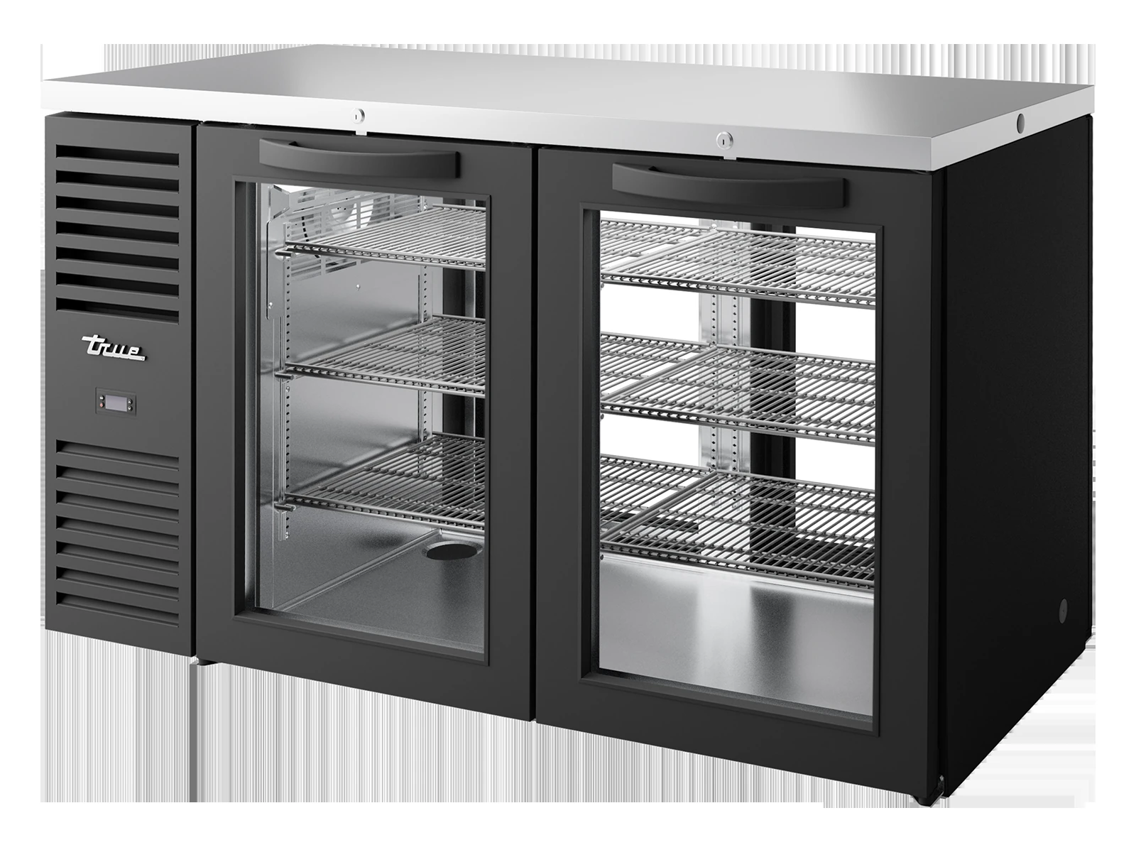 True TBR60-PTSZ1-L-B-GG-GG-2 "Pass-Thru" Bar Refrigerator, Black Ext, 2 Glass Swing Doors Front, 2 Glass Swing Doors Rear