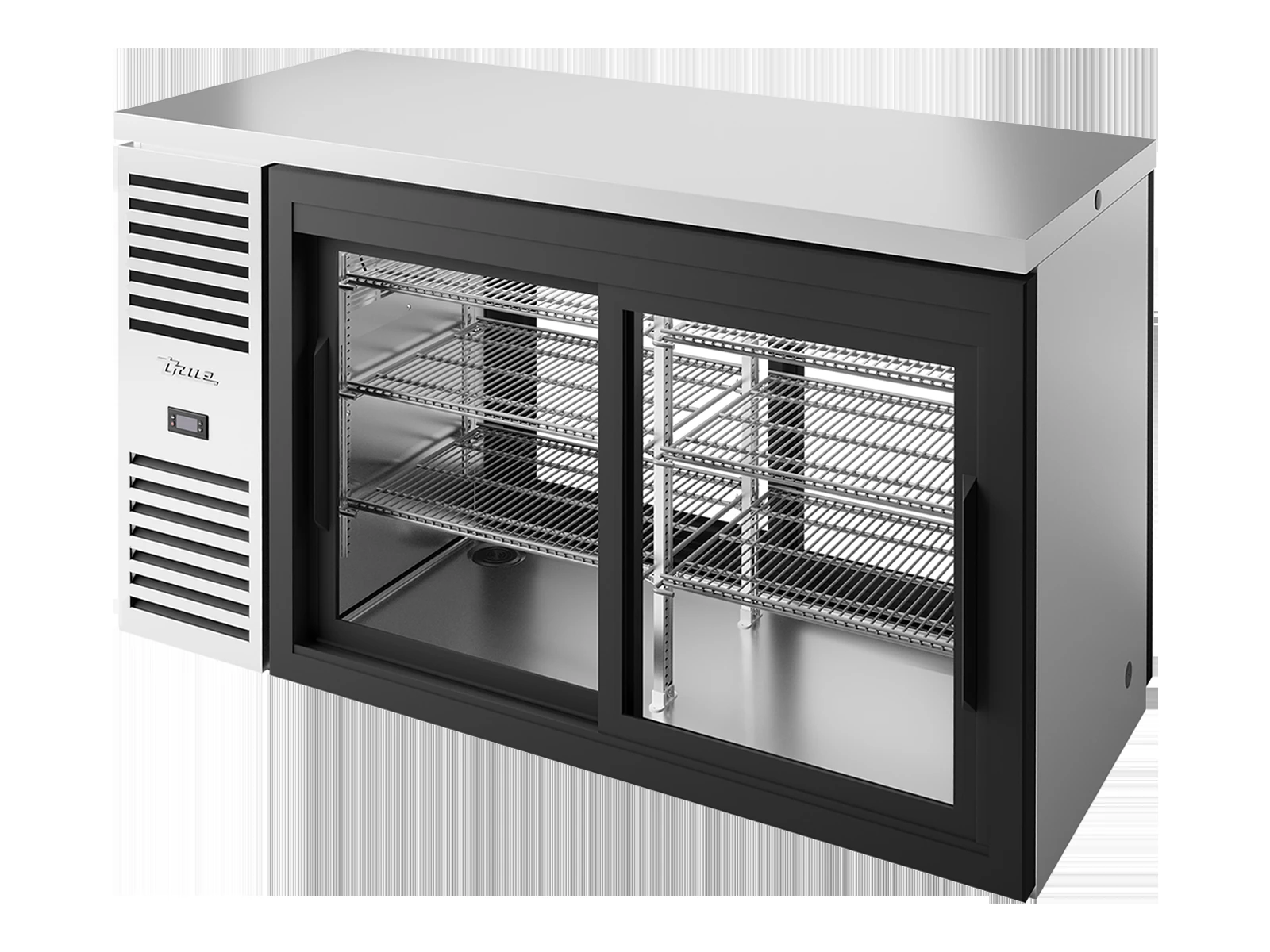 True TBR60-PTSZ1-L-S-11-11-2 "Pass-Thru" Bar Refrigerator, Stainless Steel Ext, 2 Glass Slide Doors Front, 2 Glass Slide Doors Rear