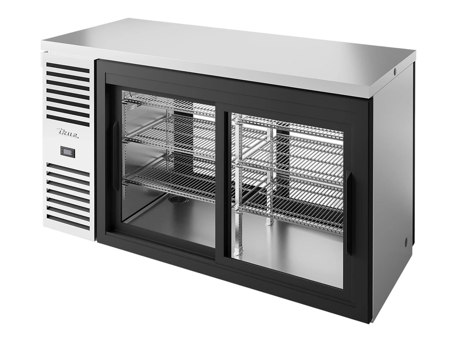 True TBR60-PTSZ1-L-S-11-11-2 "Pass-Thru" Bar Refrigerator, Stainless Steel Ext, 2 Glass Slide Doors Front, 2 Glass Slide Doors Rear