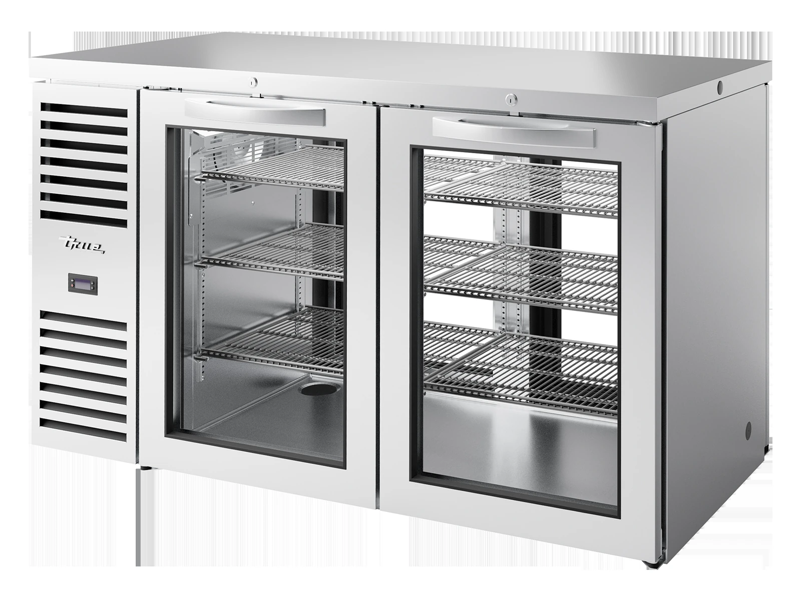 True TBR60-PTSZ1-L-S-GG-GG-2 "Pass-Thru" Bar Refrigerator, Stainless Steel Ext, 2 Glass Swing Doors Front, 2 Glass Swing Doors Rear