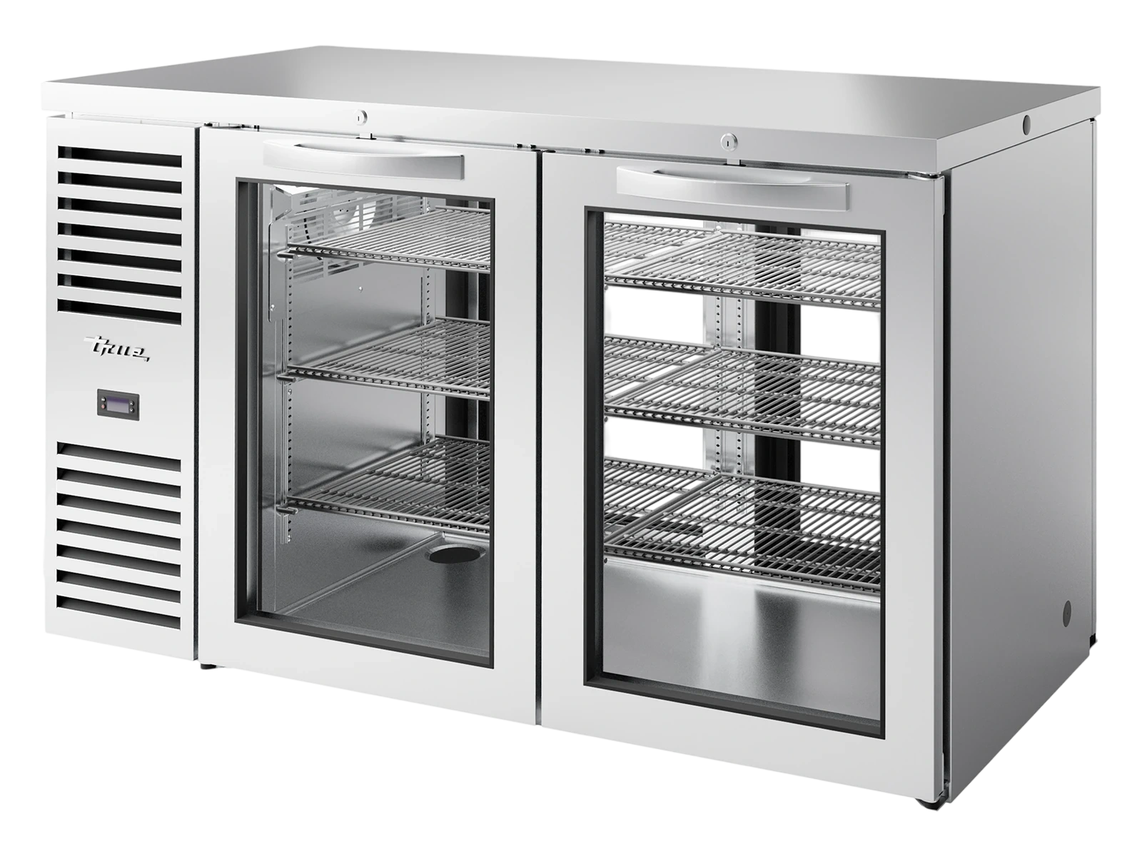True TBR60-PTSZ1-L-S-GG-GG-2 "Pass-Thru" Bar Refrigerator, Stainless Steel Ext, 2 Glass Swing Doors Front, 2 Glass Swing Doors Rear