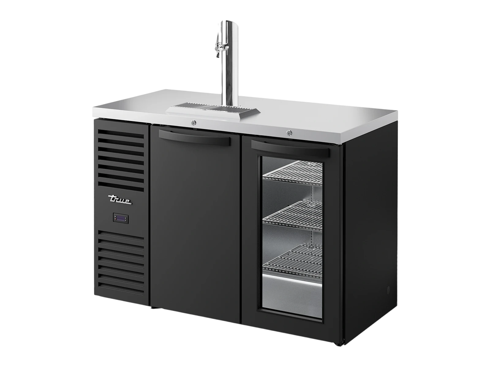 True TDR48-RISZ1-L-B-SG-2 Keg Chiller / Dispenser, Black Ext, 1 Solid Swing Door + 1 Glass Swing Door