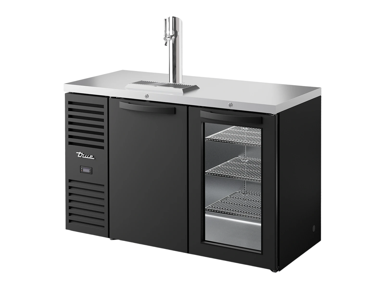 True TDR52-RISZ1-L-B-SG-2 Keg Chiller / Dispenser, Black Ext, 1 Solid Swing Door + 1 Glass Swing Door